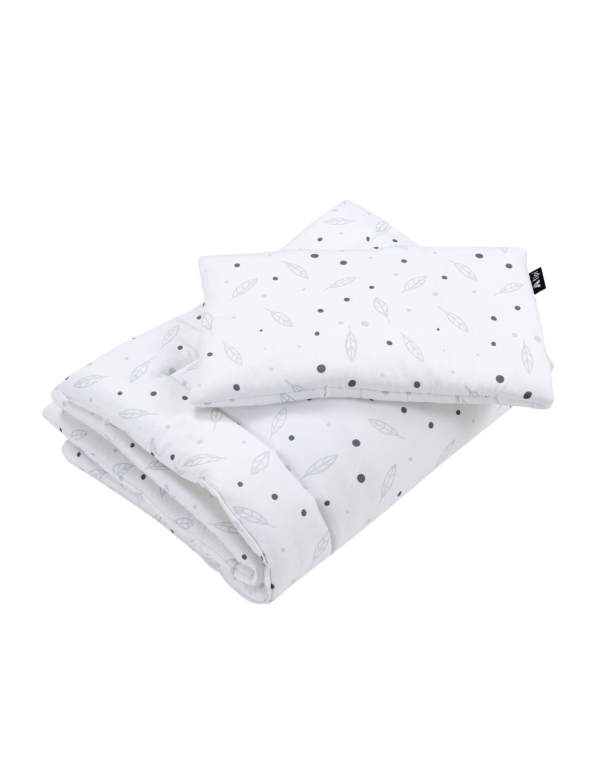 Housse + couette et taie + oreiller pour lit bébé couleur gris tissu à motifs
