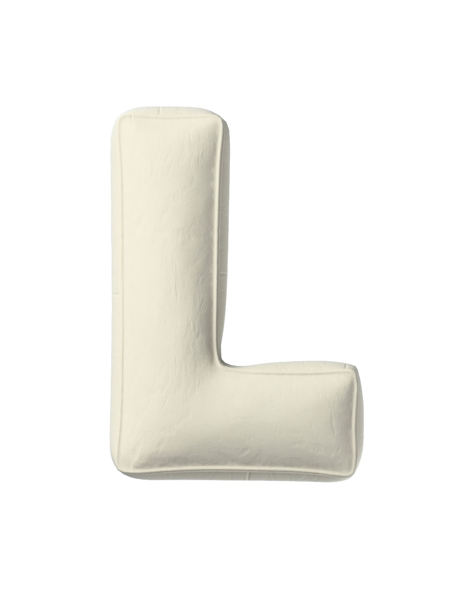 Coussins lettre L couleur crème tissu brillant, velours