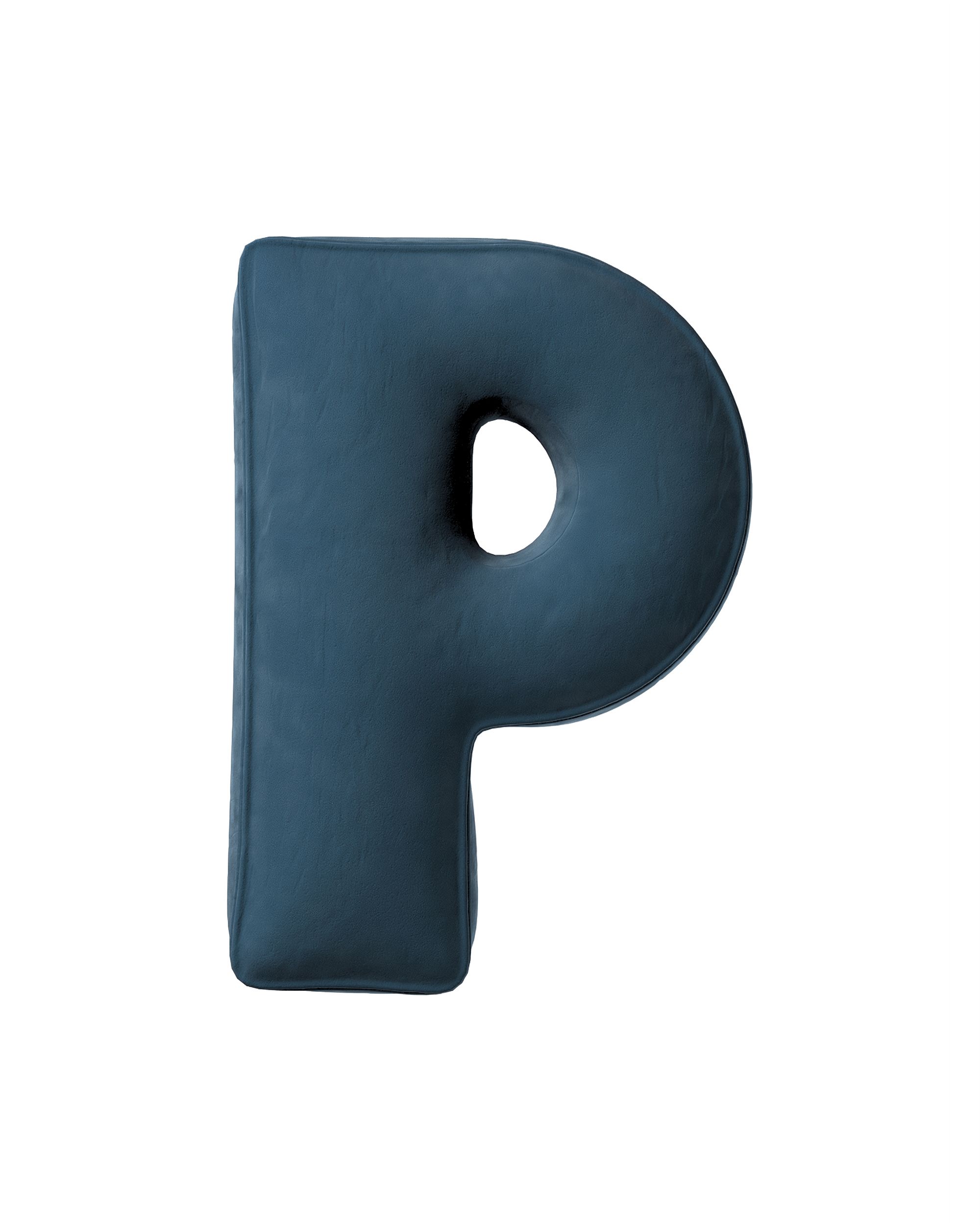 Coussins lettre P couleur bleu tissu brillant, velours