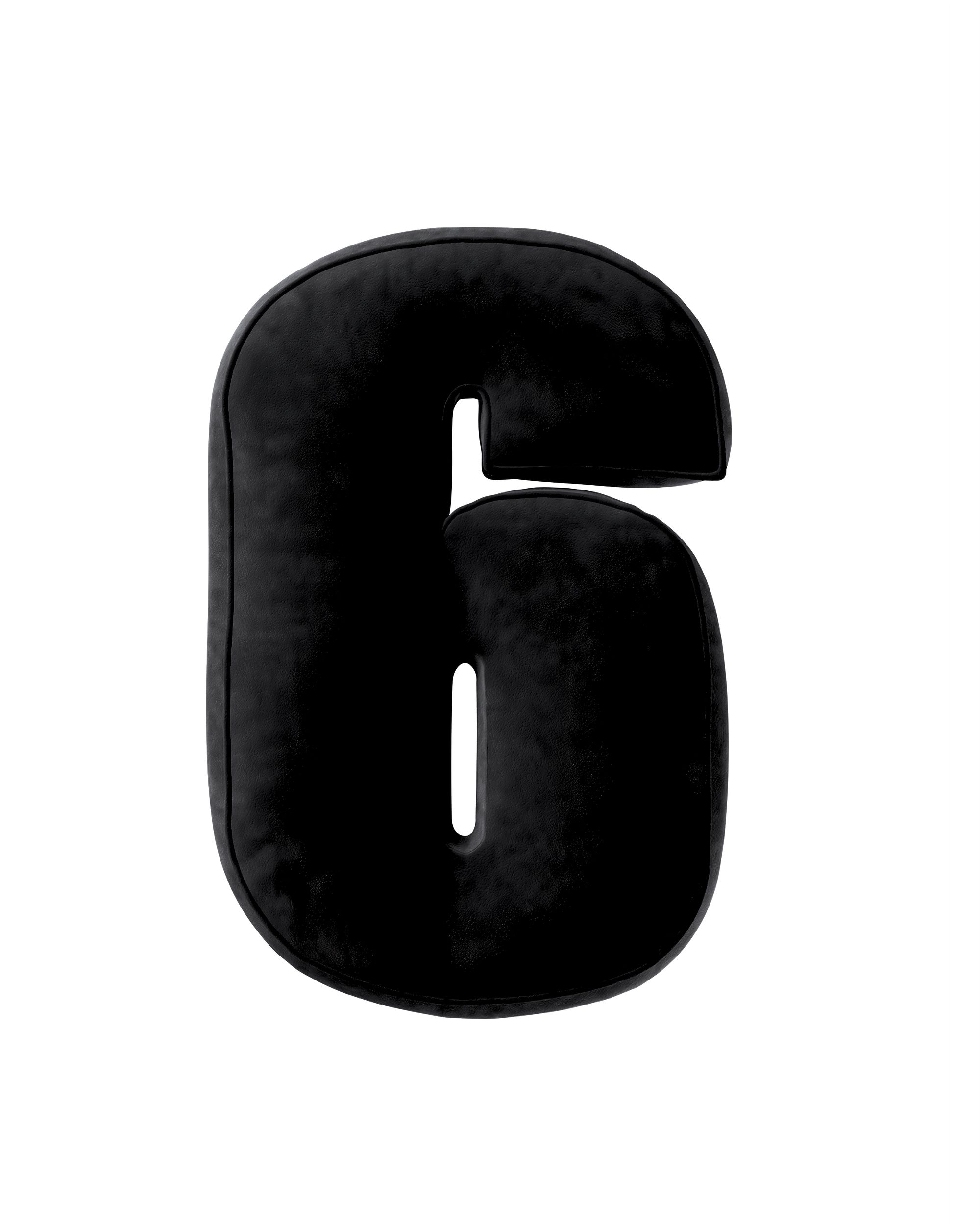 Coussin en forme du chiffre 6 couleur noir tissu brillant, velours