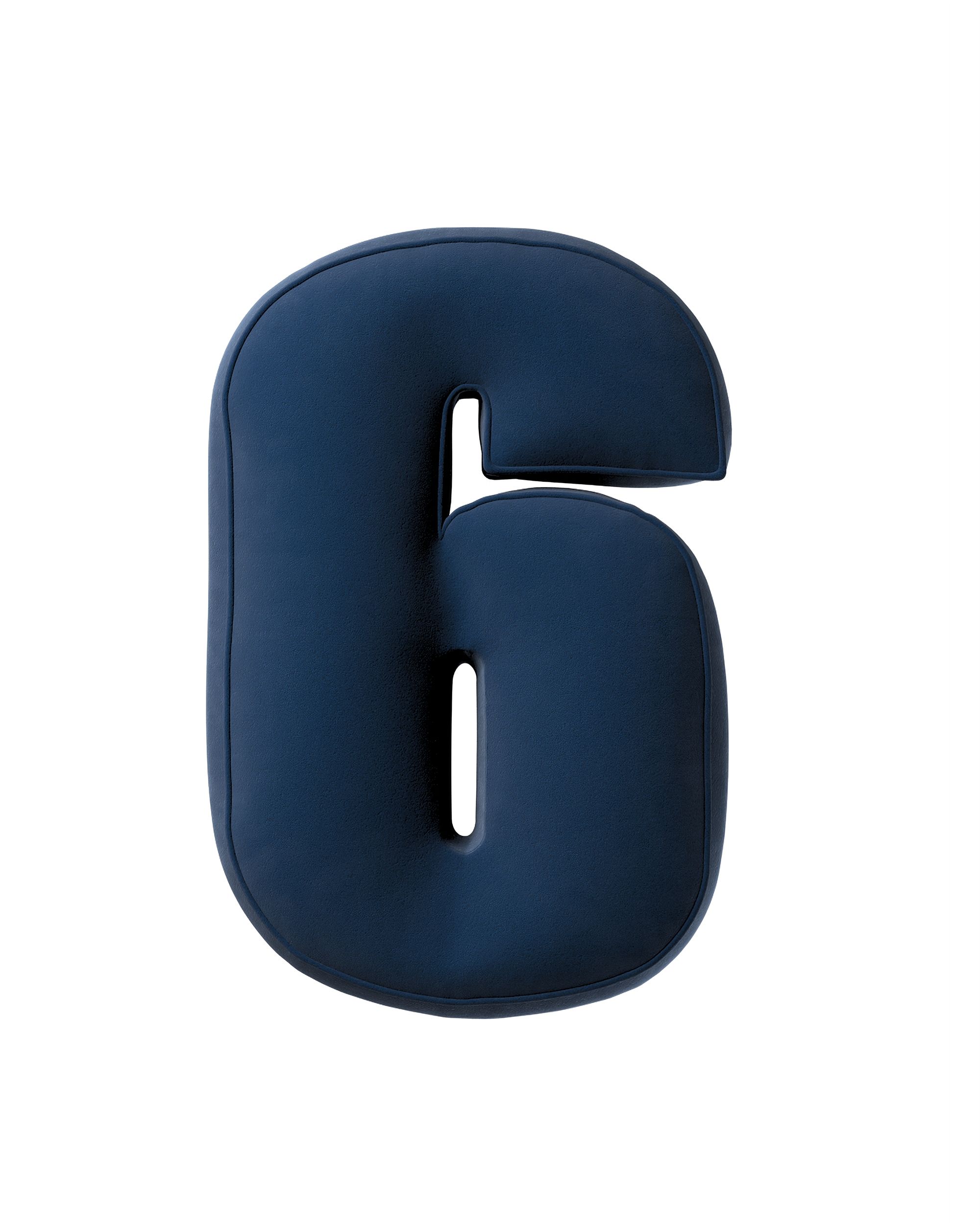 Coussin en forme du chiffre 6 couleur bleu marine tissu brillant, velours