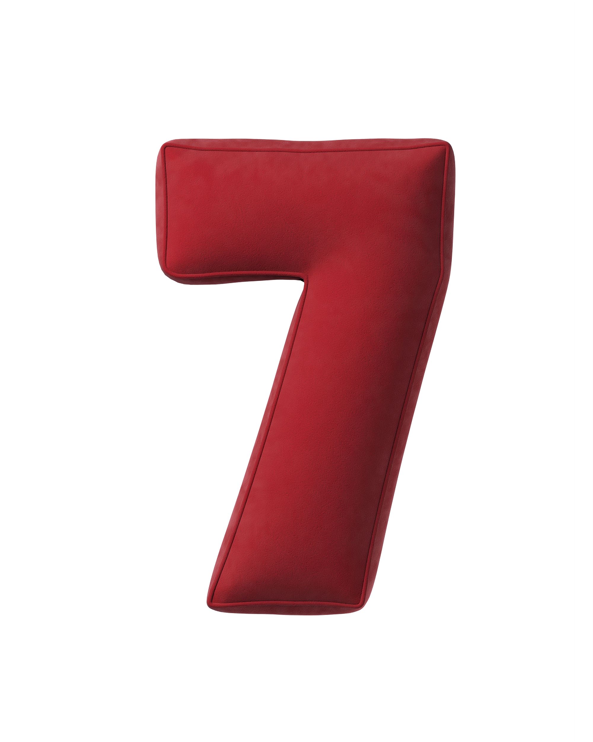 Coussin en forme du chiffre 7 couleur rouge tissu brillant, velours