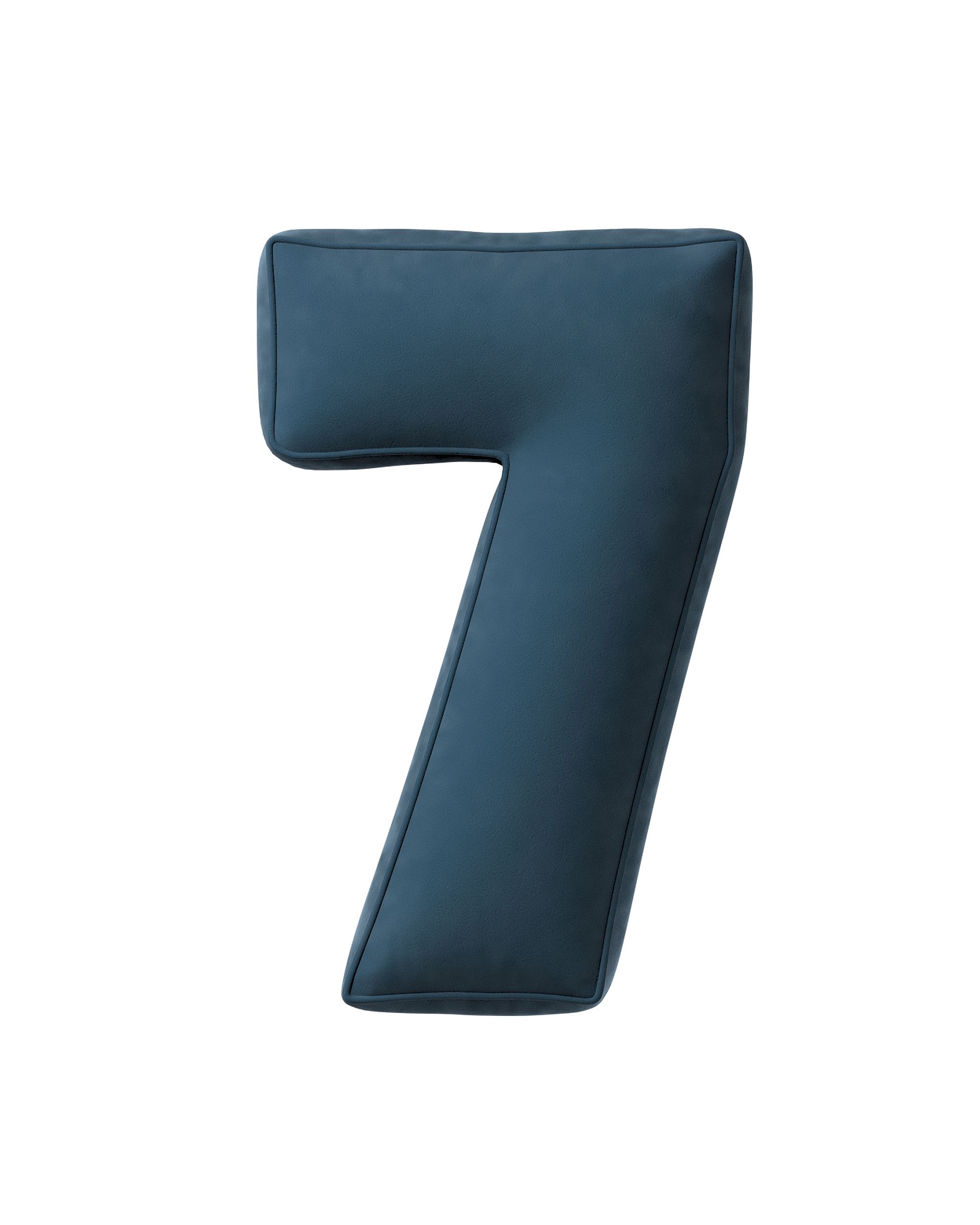 Coussin en forme du chiffre 7 couleur bleu tissu brillant, velours