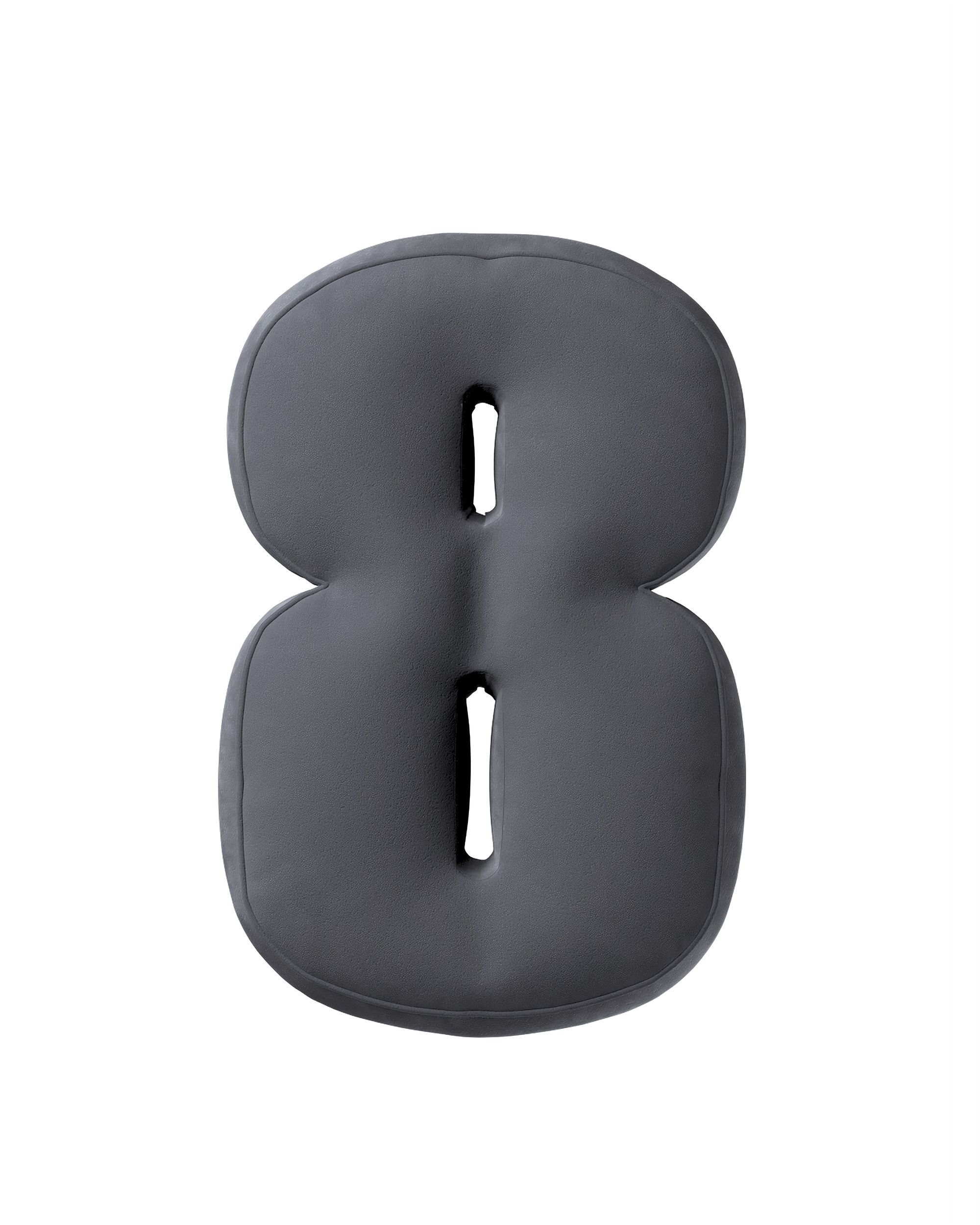 Number 8-shaped pillow couleur gris tissu brillant, velours