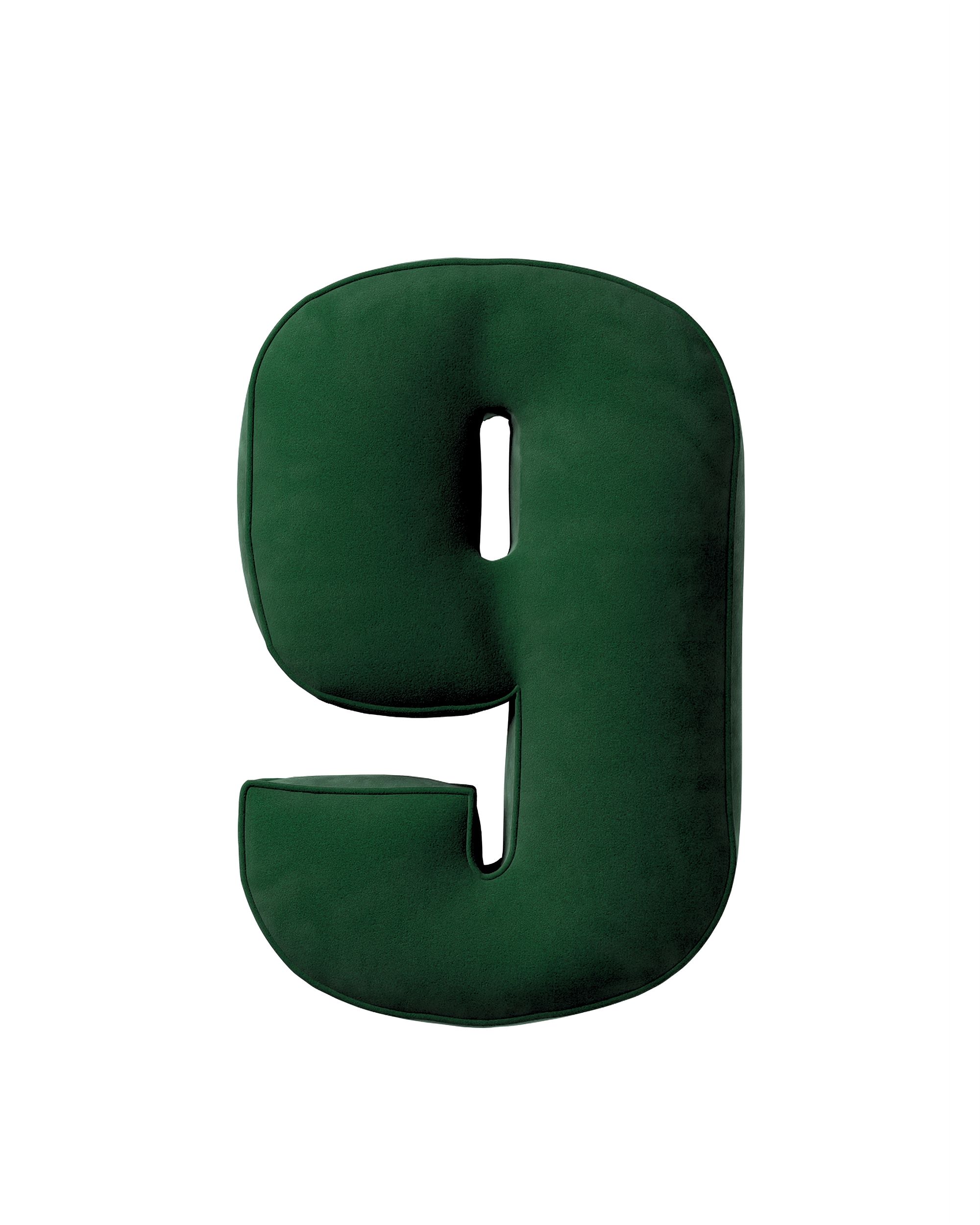 Coussin en forme du chiffre 9 couleur vert tissu brillant, velours