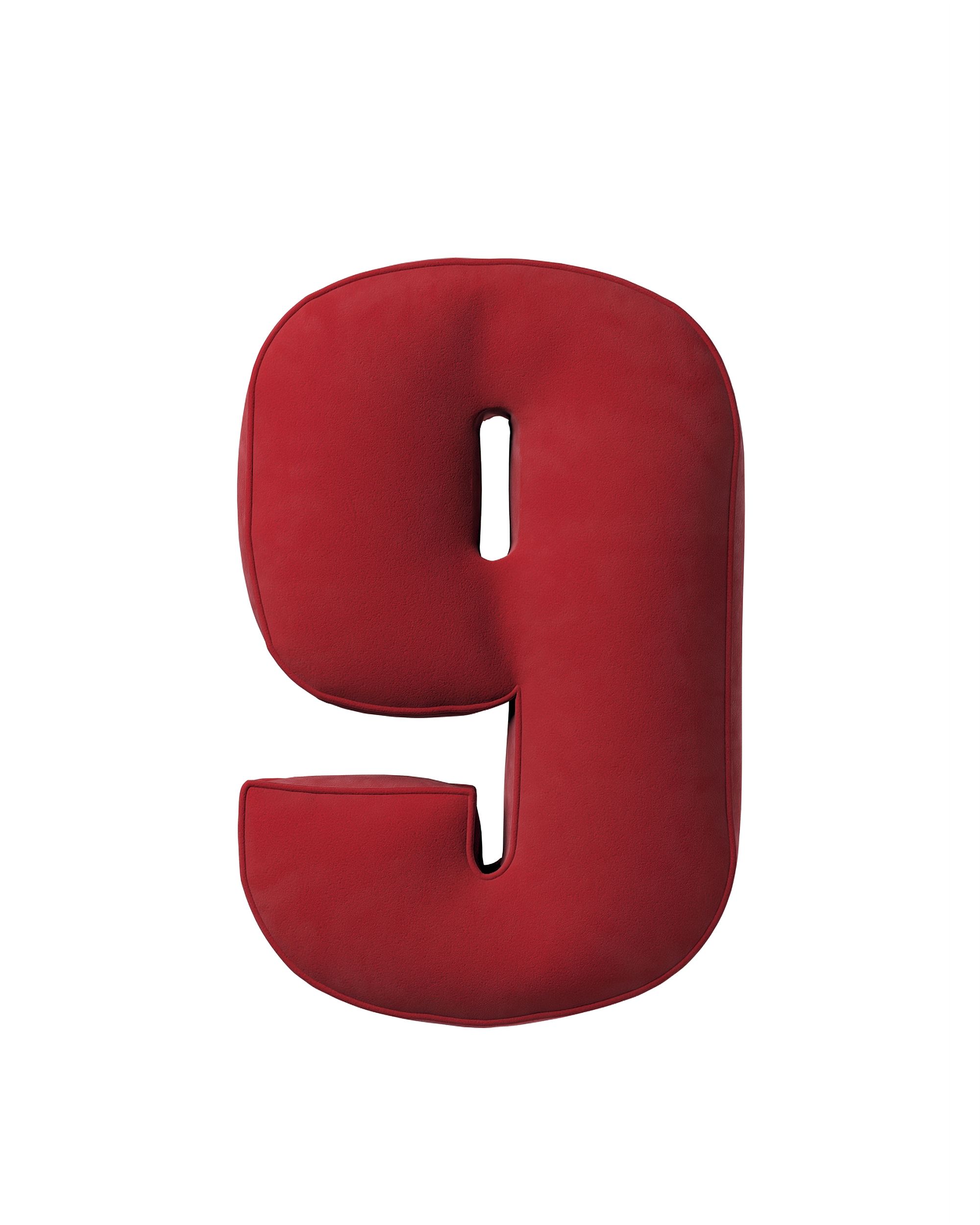 Coussin en forme du chiffre 9 couleur rouge tissu brillant, velours