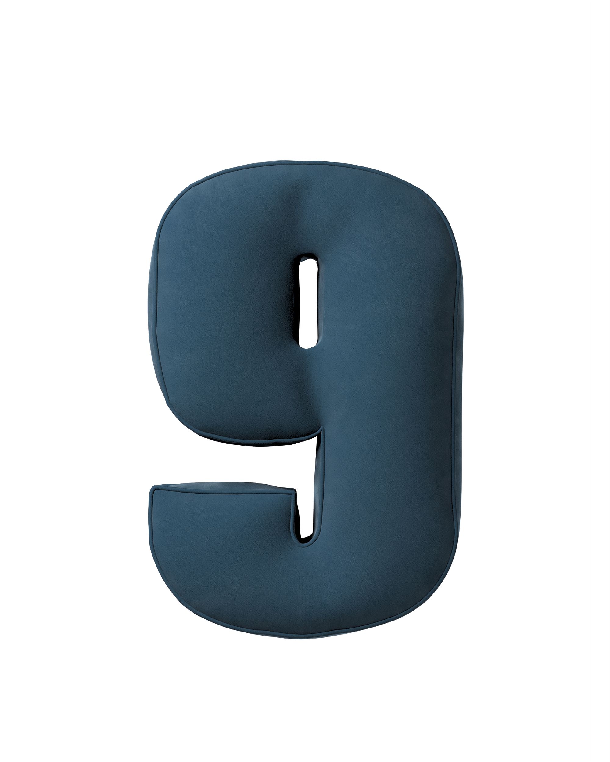 Coussin en forme du chiffre 9 couleur bleu tissu brillant, velours