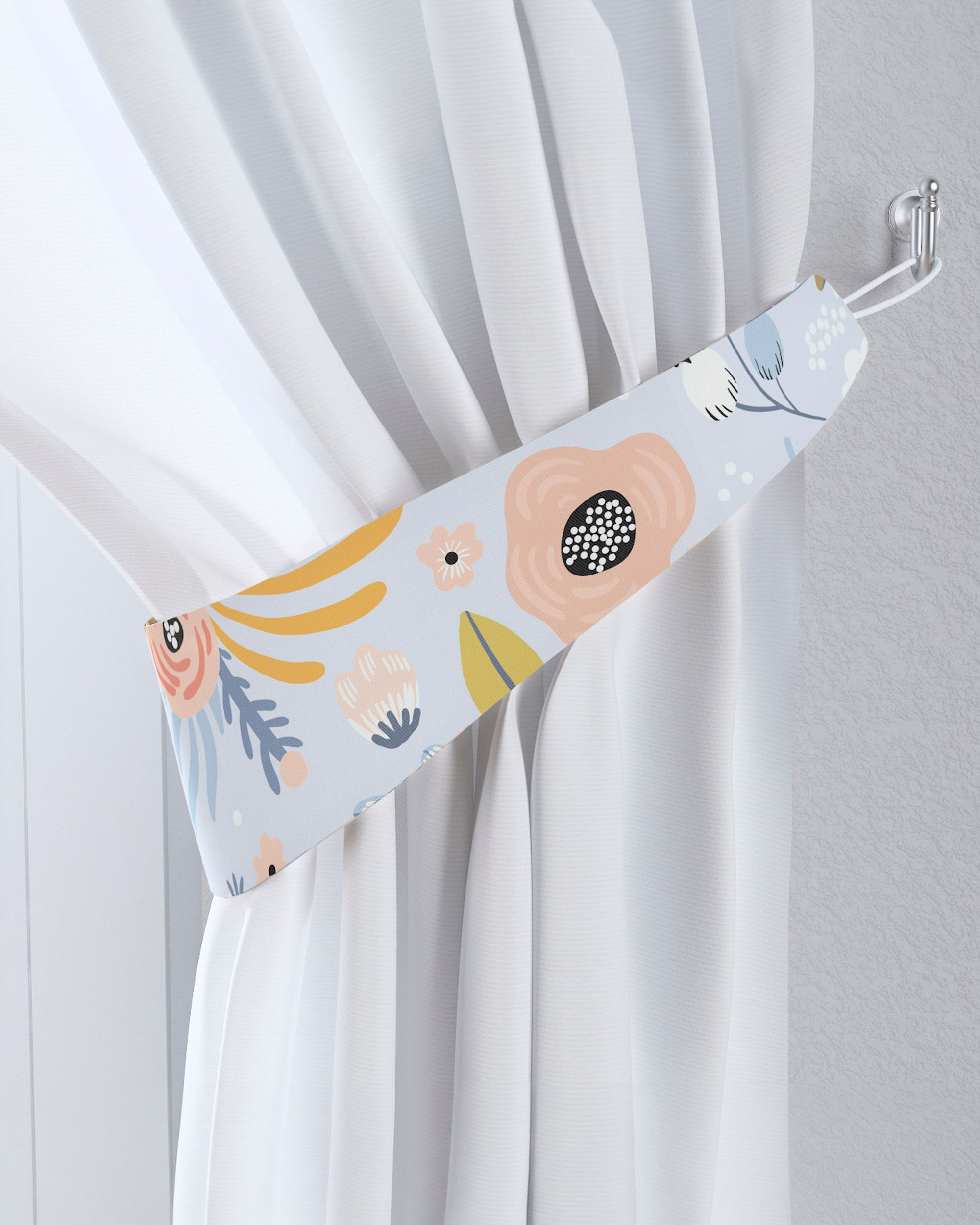 Jarretière aux rideaux couleur bleu tissu à motifs