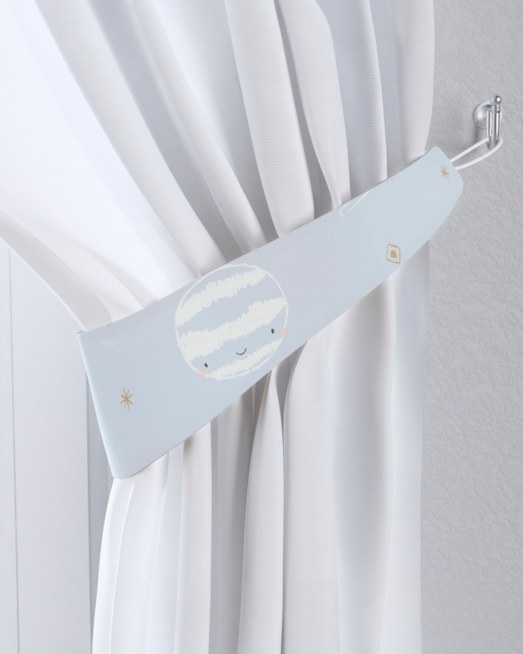 Jarretière aux rideaux couleur bleu tissu à motifs