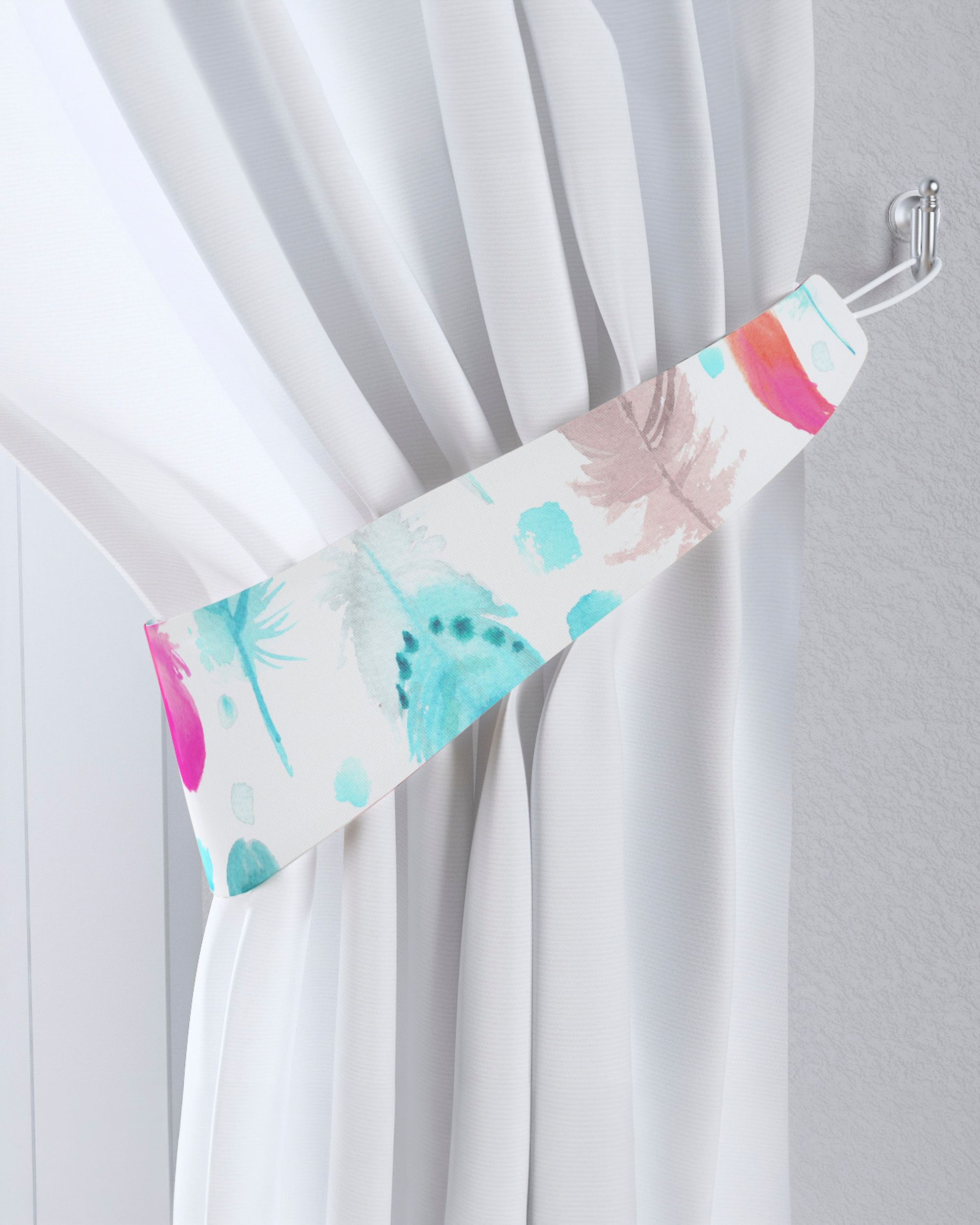 Jarretière aux rideaux couleur bleu tissu à motifs