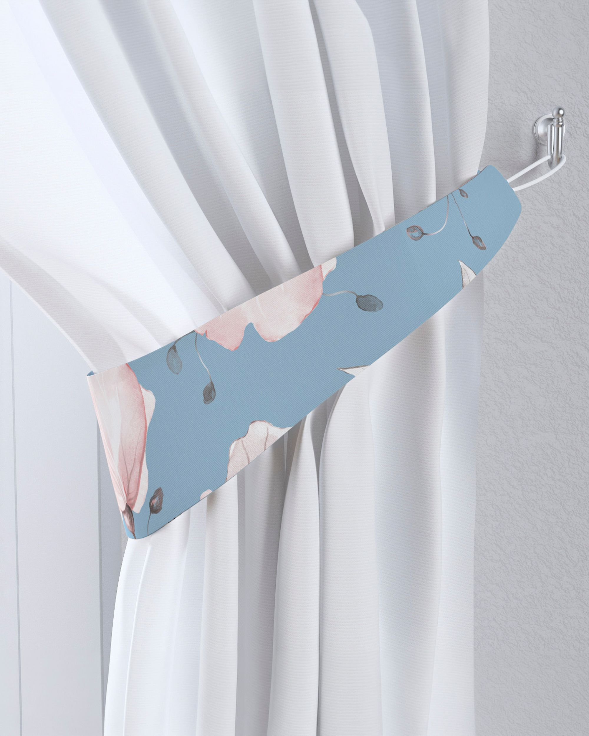 Jarretière aux rideaux couleur bleu tissu à motifs