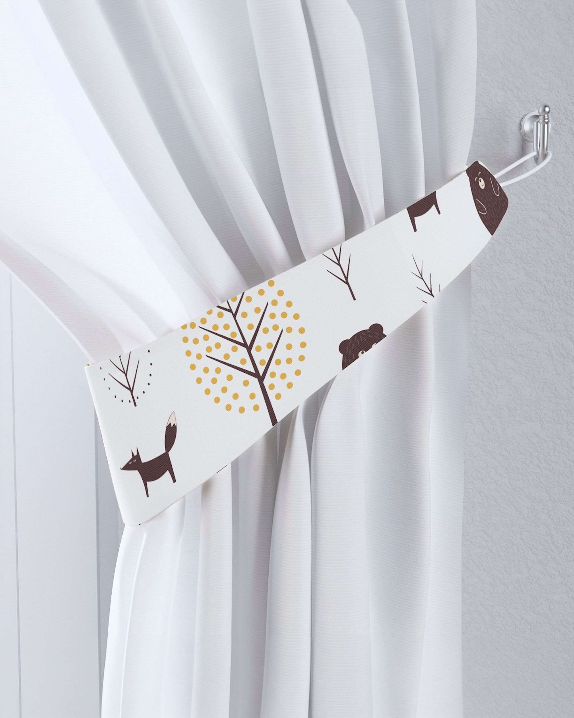 Jarretière aux rideaux couleur marron tissu à motifs