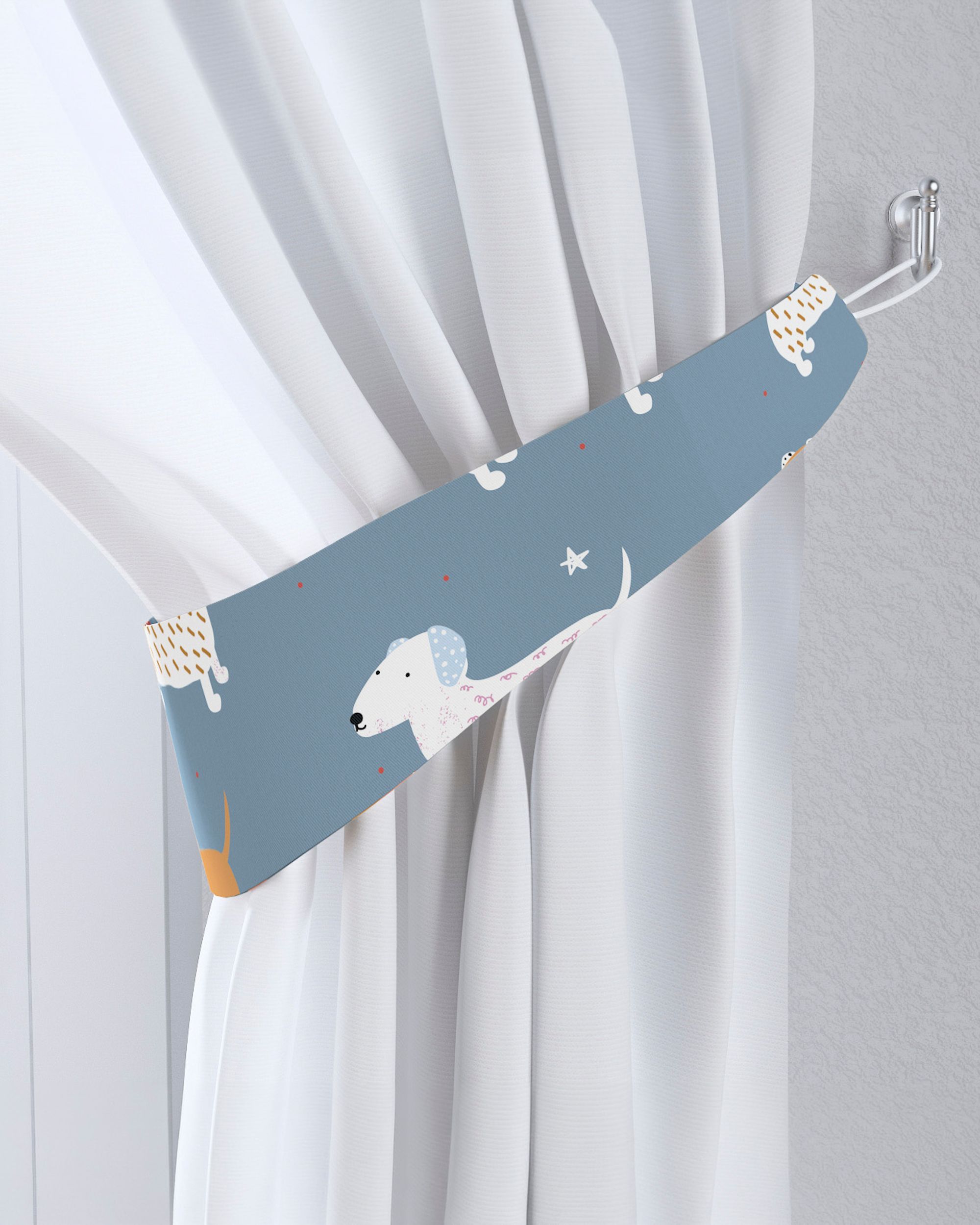 Jarretière aux rideaux couleur bleu tissu à motifs