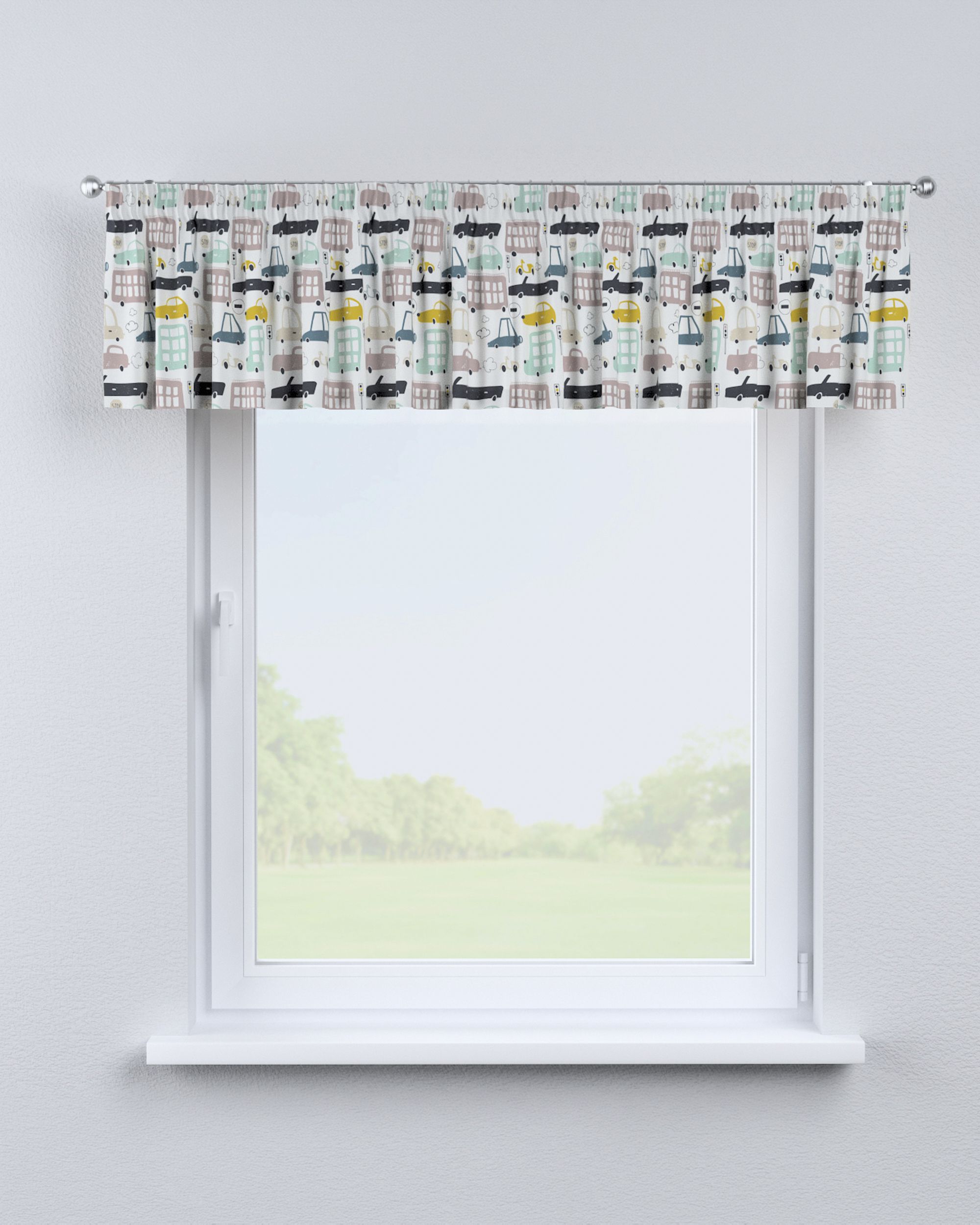 Cantonnière avec le ruban fronceur couleur beige tissu à motifs (hover)