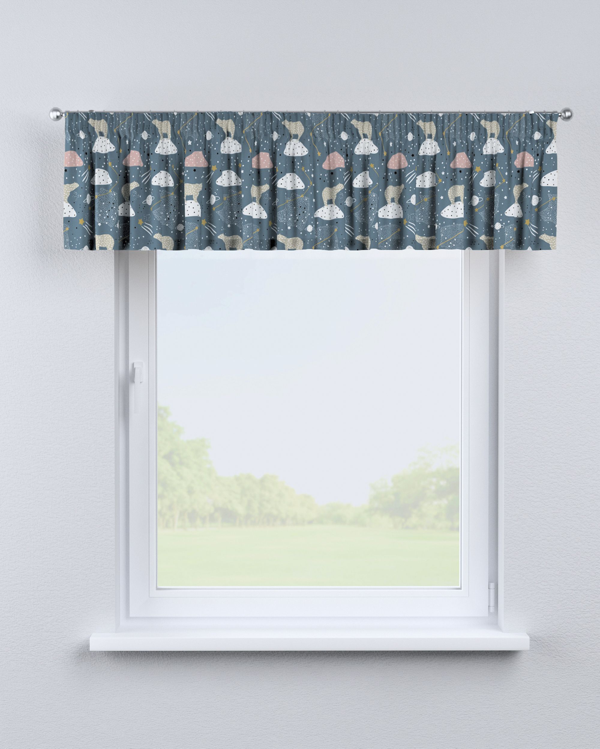Cantonnière avec le ruban fronceur couleur bleu tissu à motifs (hover)