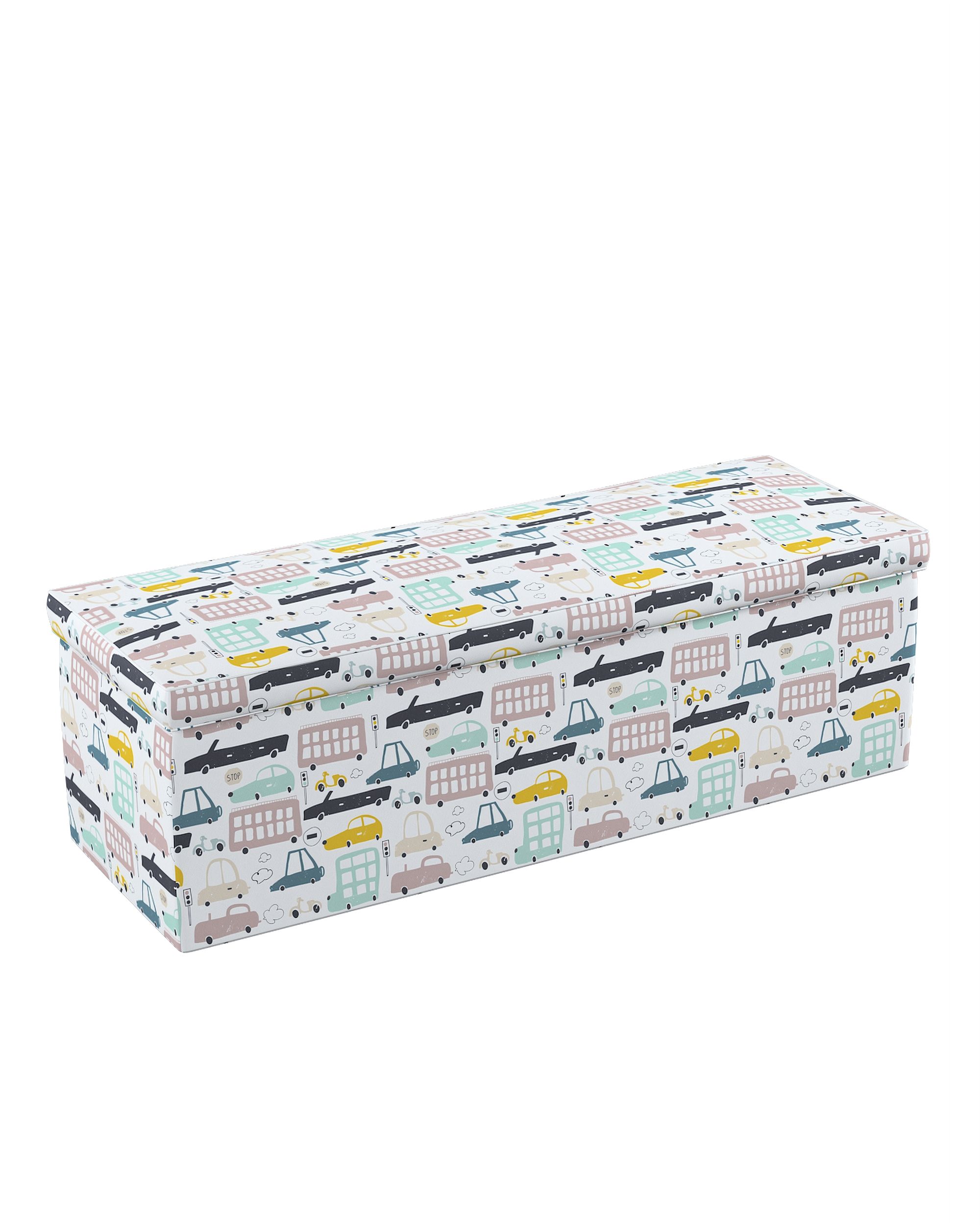 Coffre rembourré couleur beige tissu à motifs