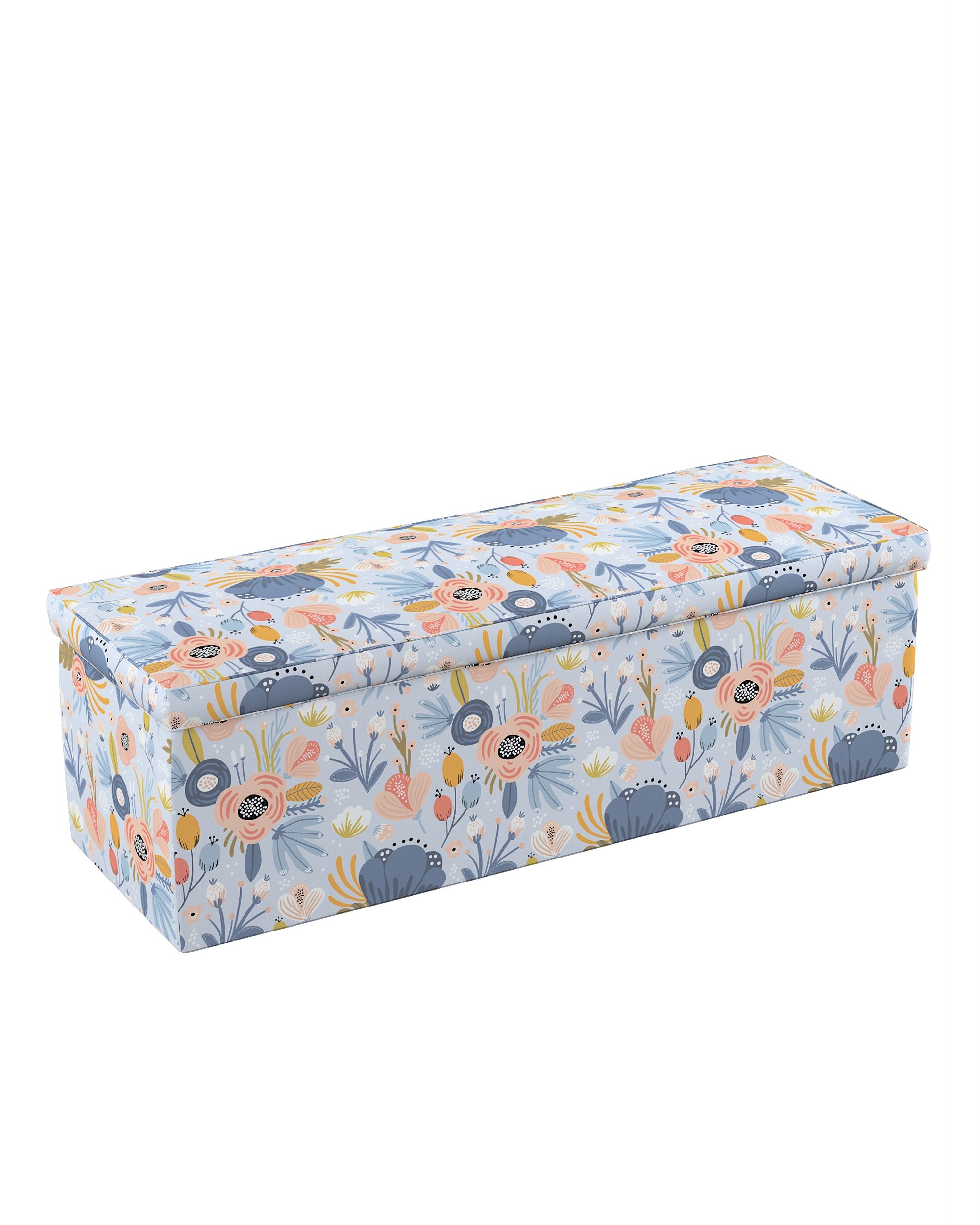 Coffre rembourré couleur bleu tissu à motifs