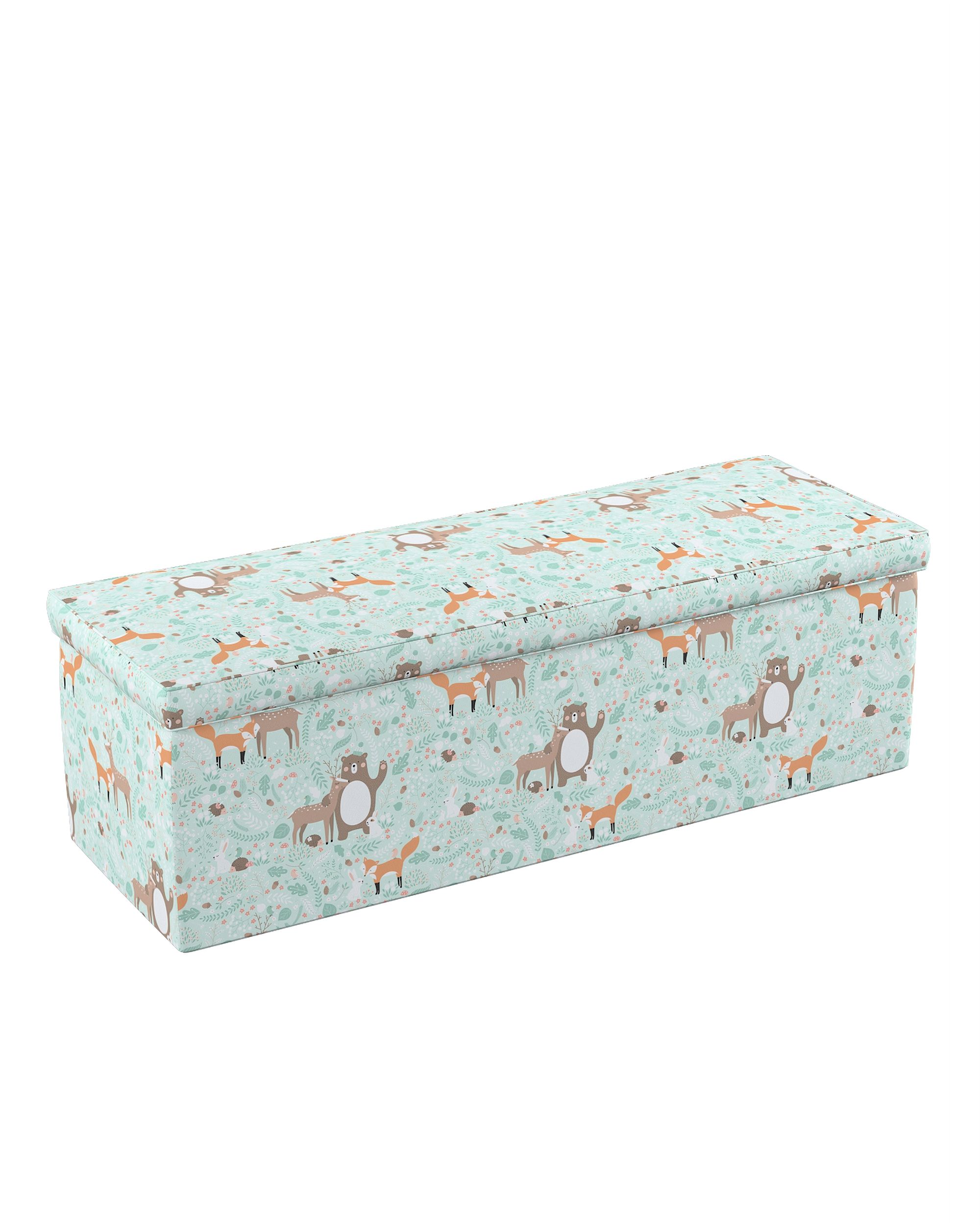 Coffre rembourré couleur vert tissu à motifs
