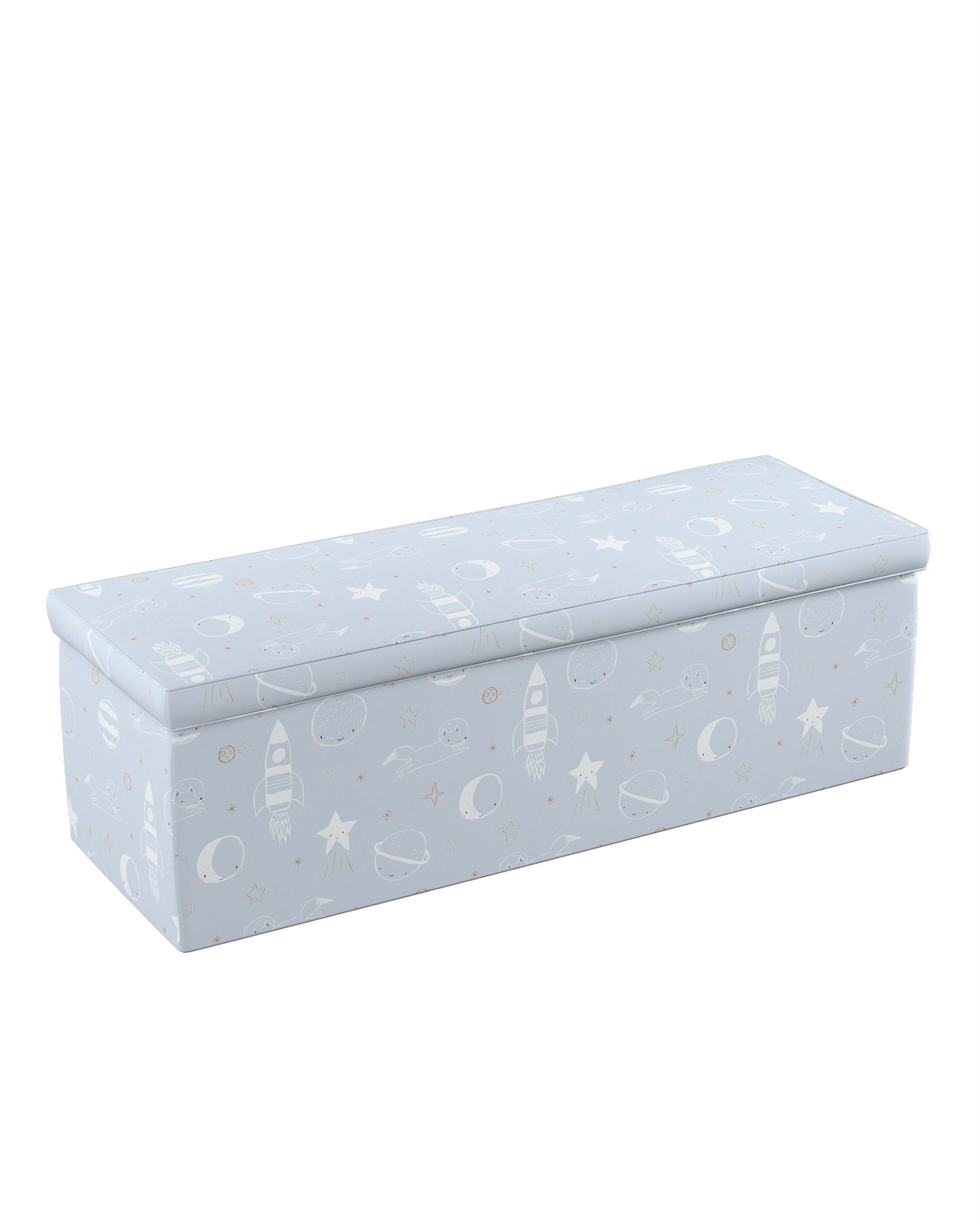 Coffre rembourré couleur bleu tissu à motifs