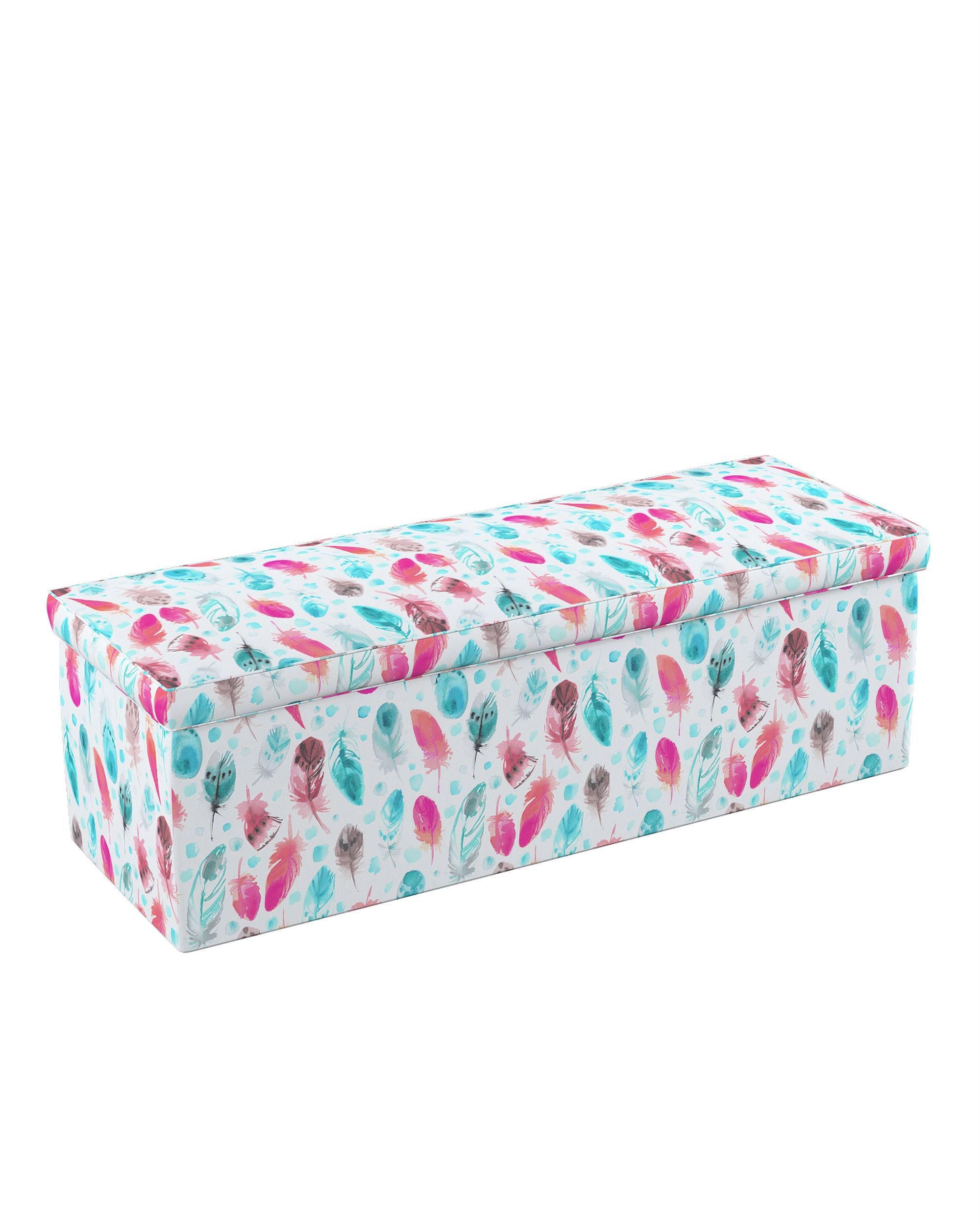 Coffre rembourré couleur bleu tissu à motifs