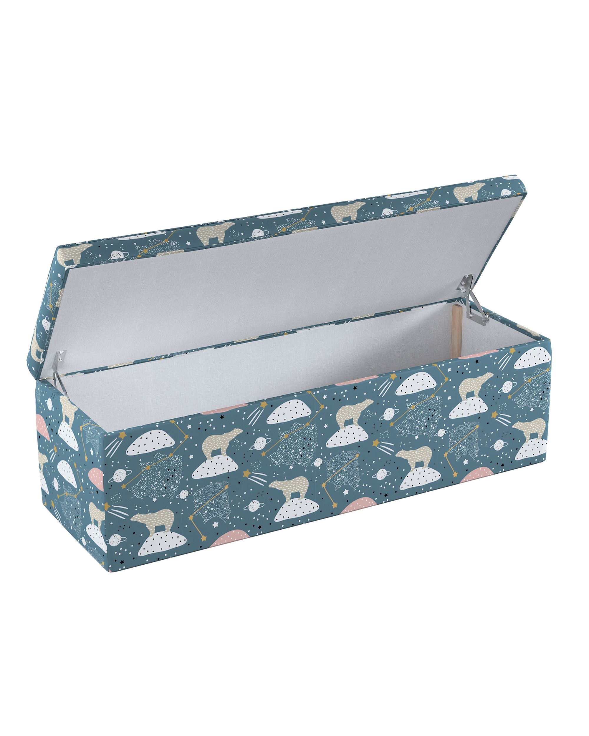Coffre rembourré couleur bleu tissu à motifs