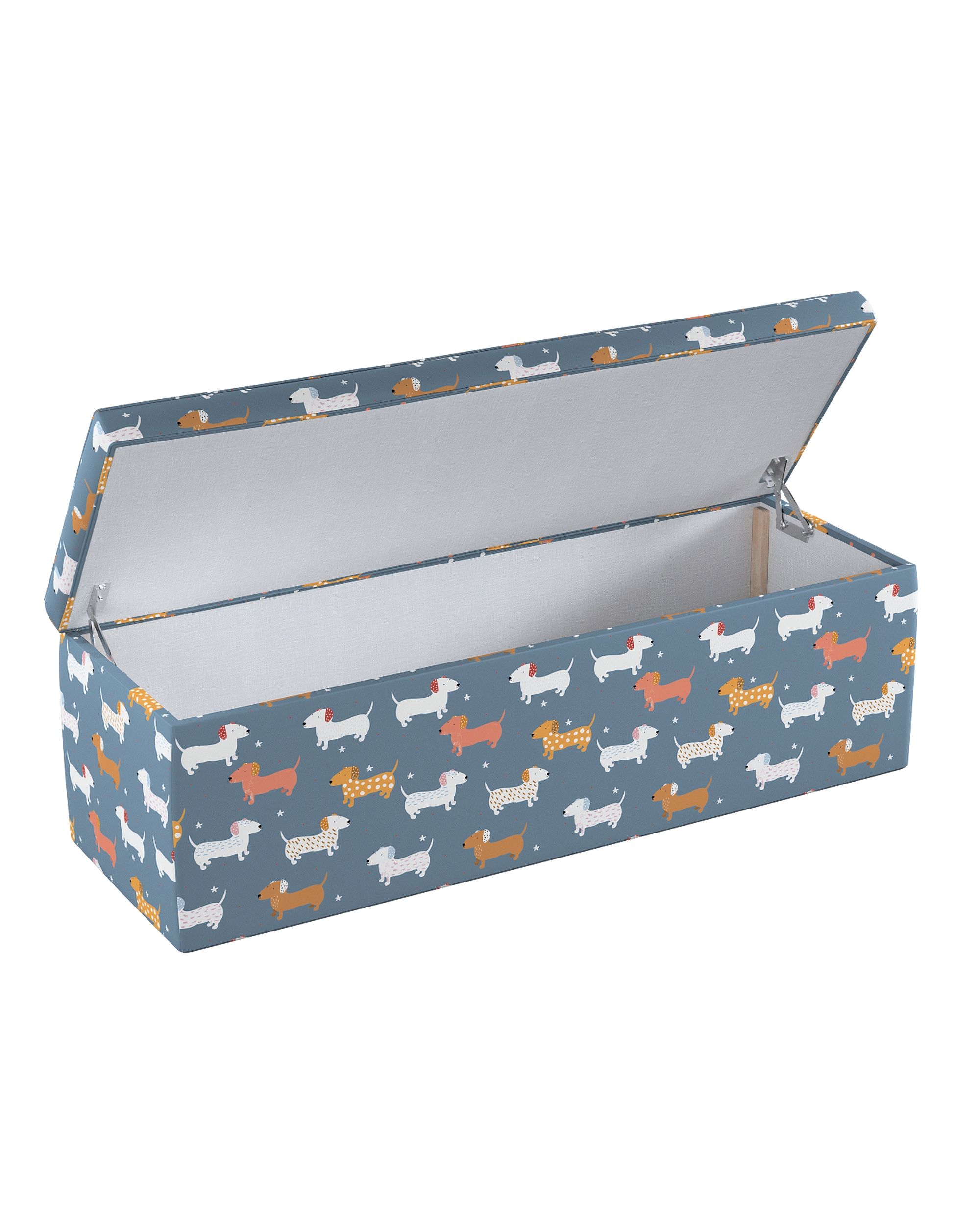 Coffre rembourré couleur bleu tissu à motifs