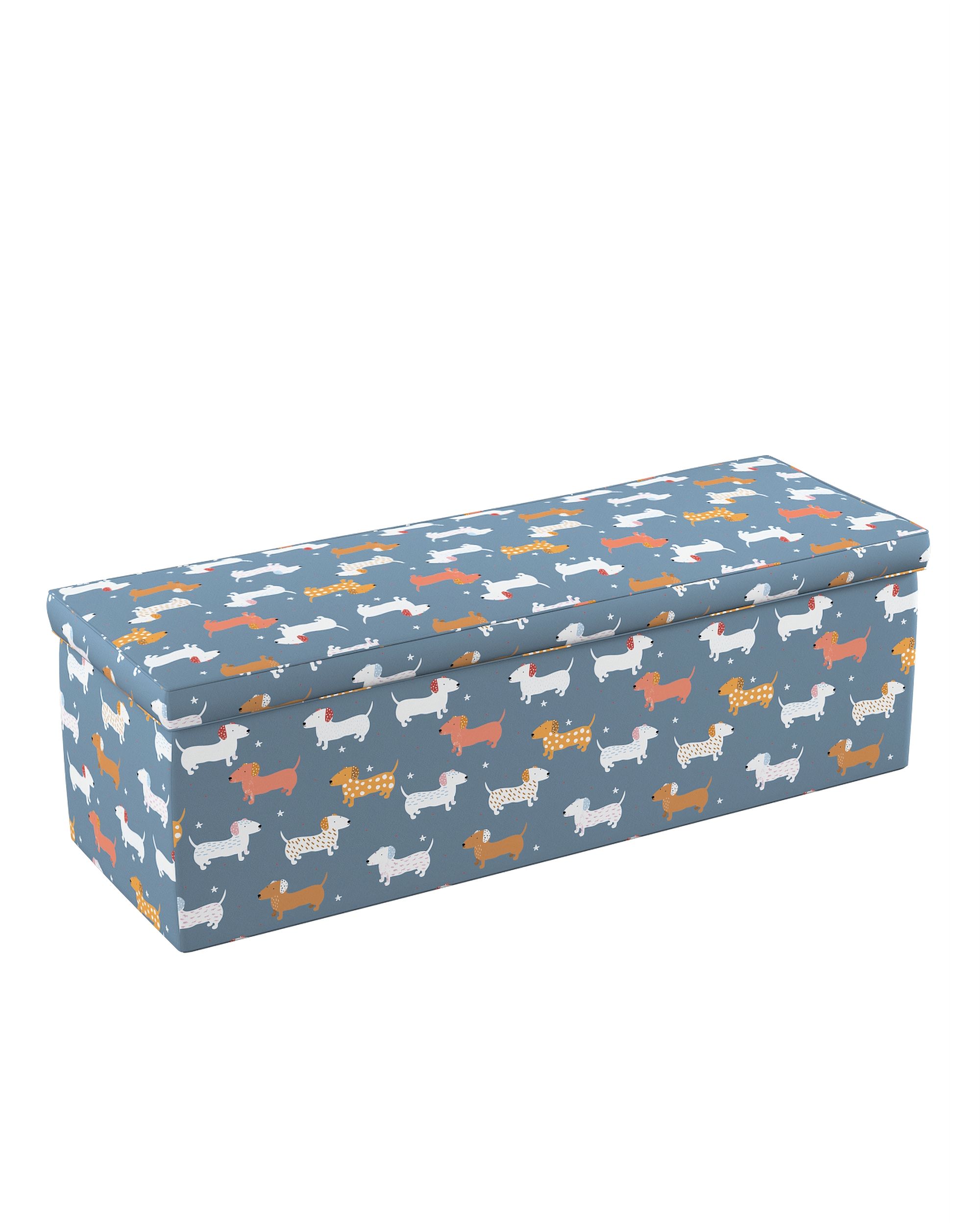 Coffre rembourré couleur bleu tissu à motifs (hover)