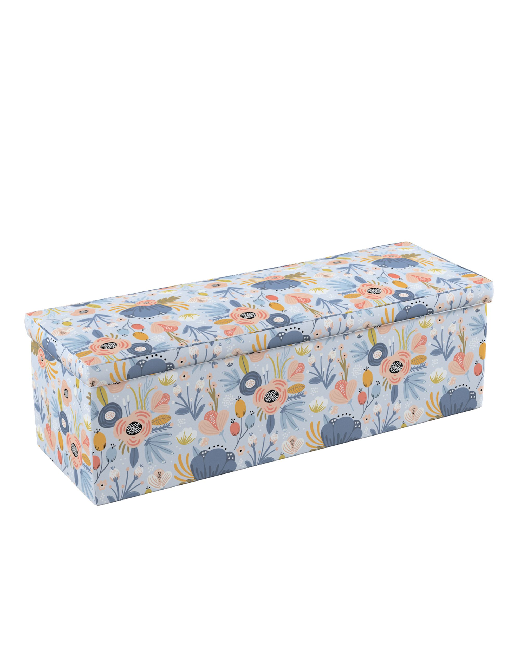 Coffre rembourré couleur bleu tissu à motifs
