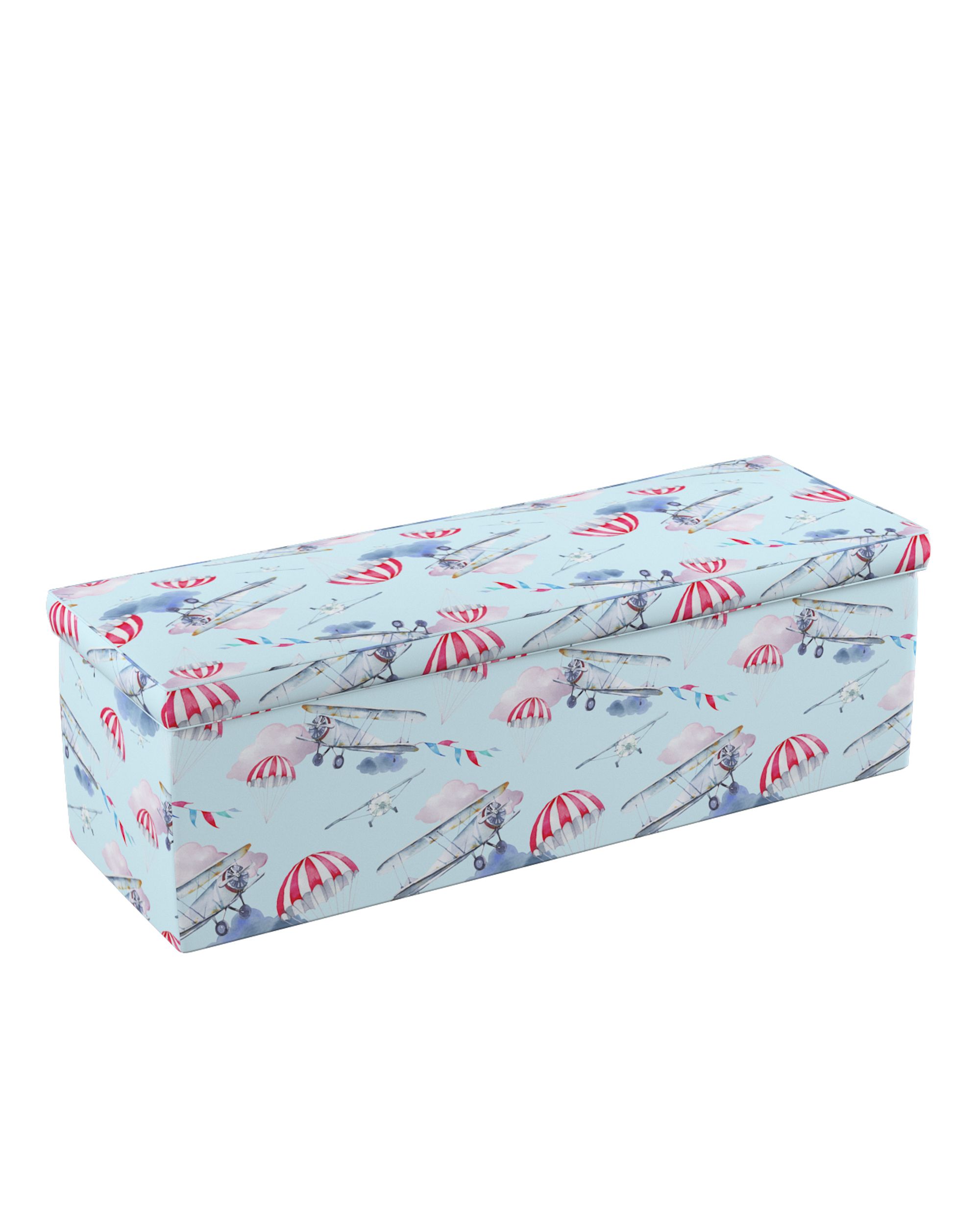 Coffre rembourré couleur bleu tissu à motifs