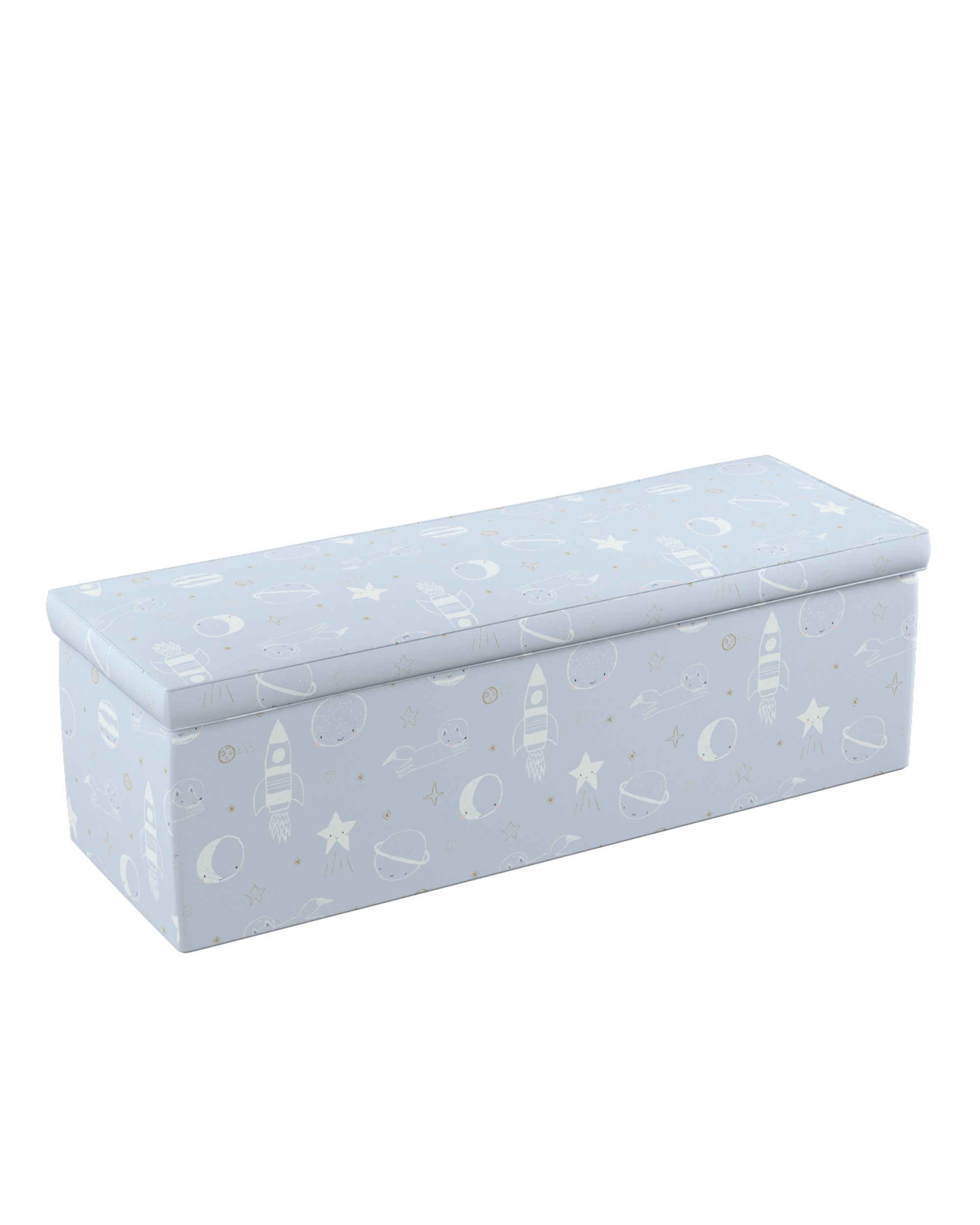 Coffre rembourré couleur bleu tissu à motifs