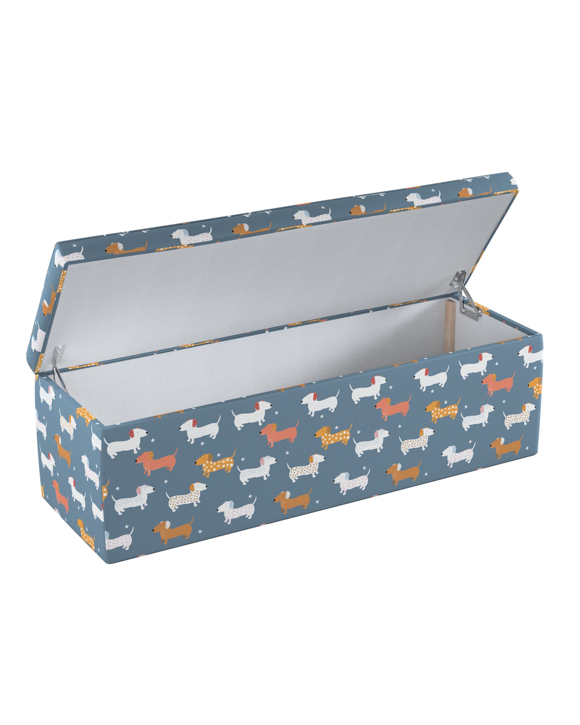 Coffre rembourré couleur bleu tissu à motifs