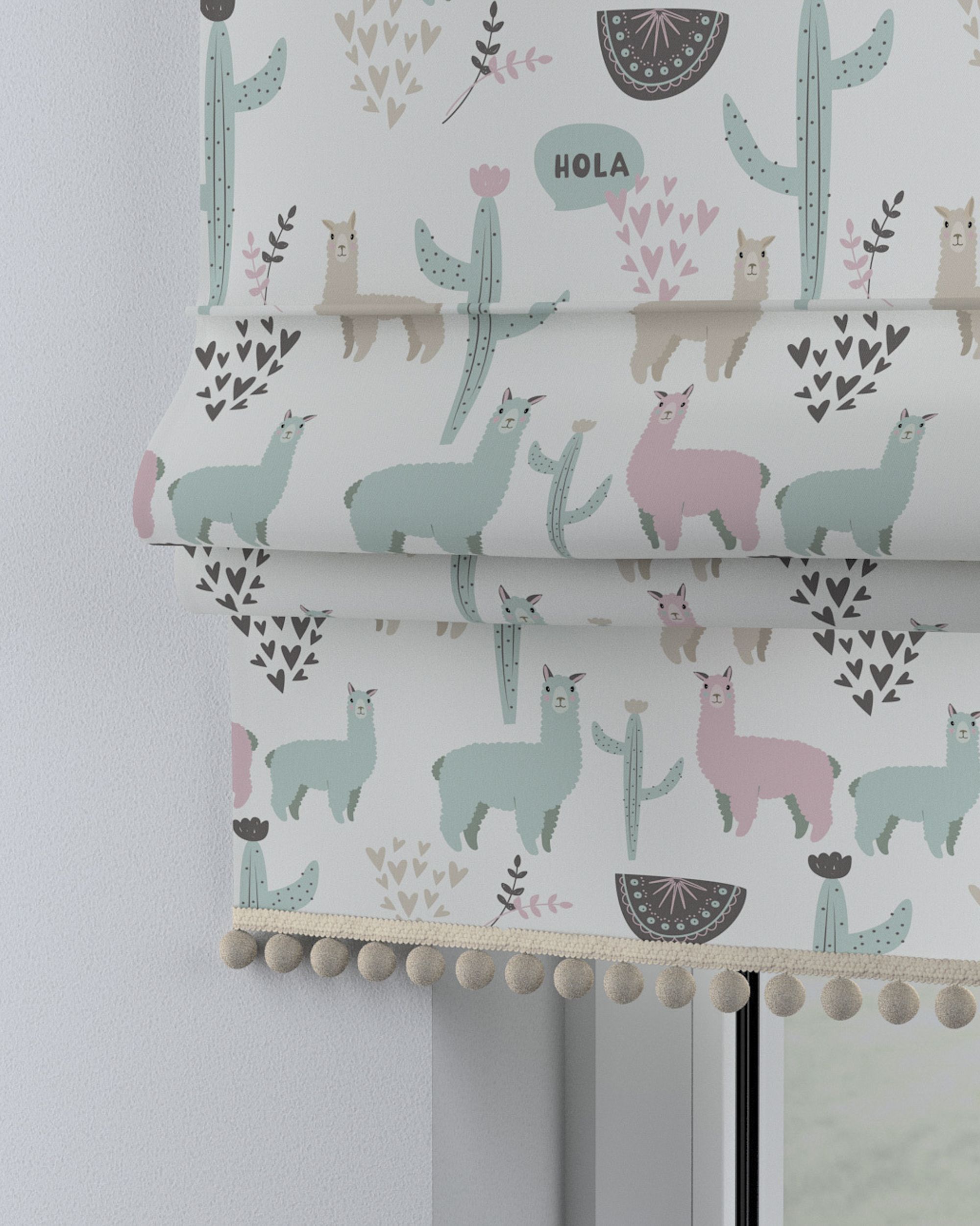 Store bateau à pompons couleur vert tissu à motifs