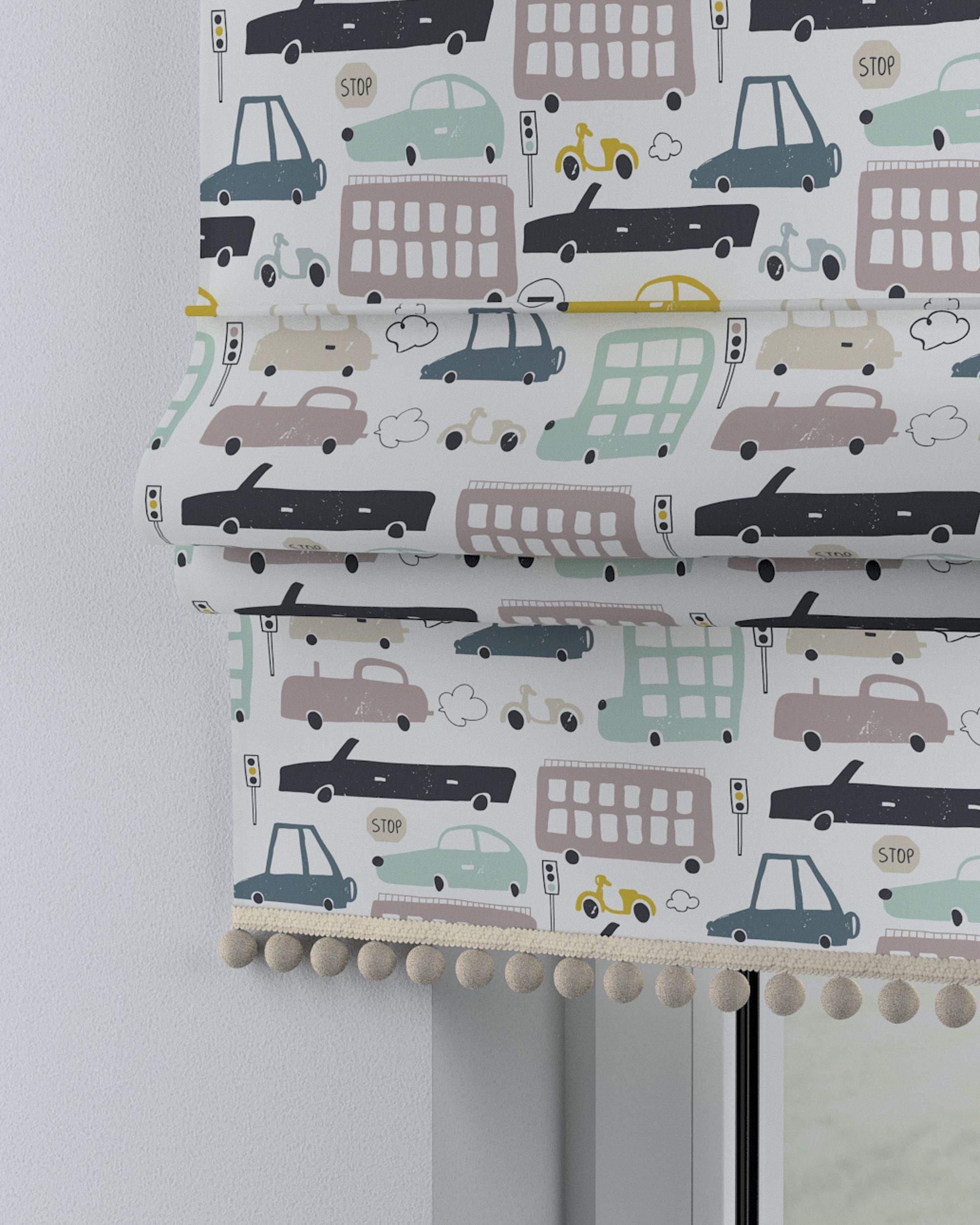 Store bateau à pompons couleur beige tissu à motifs