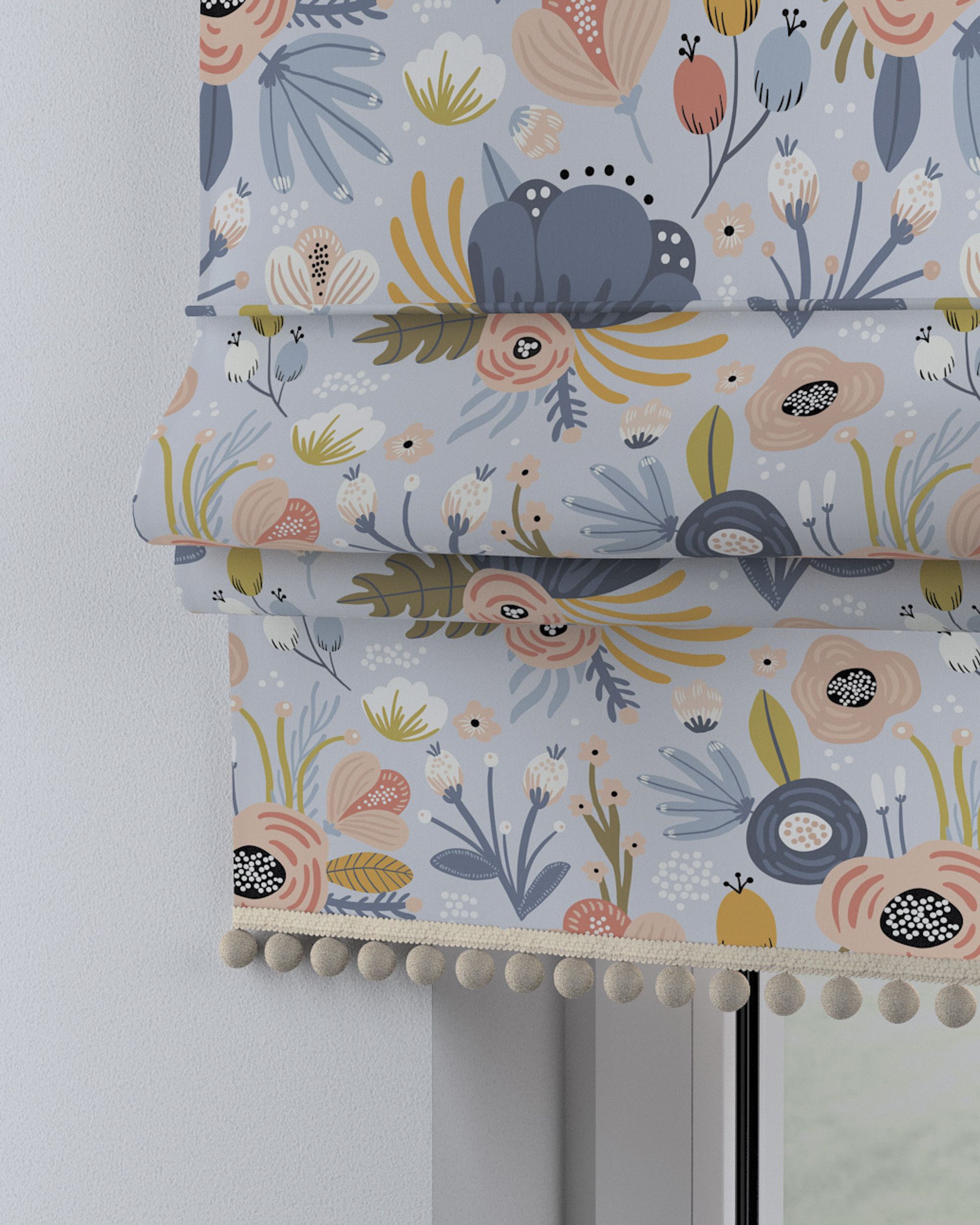 Store bateau à pompons couleur bleu tissu à motifs