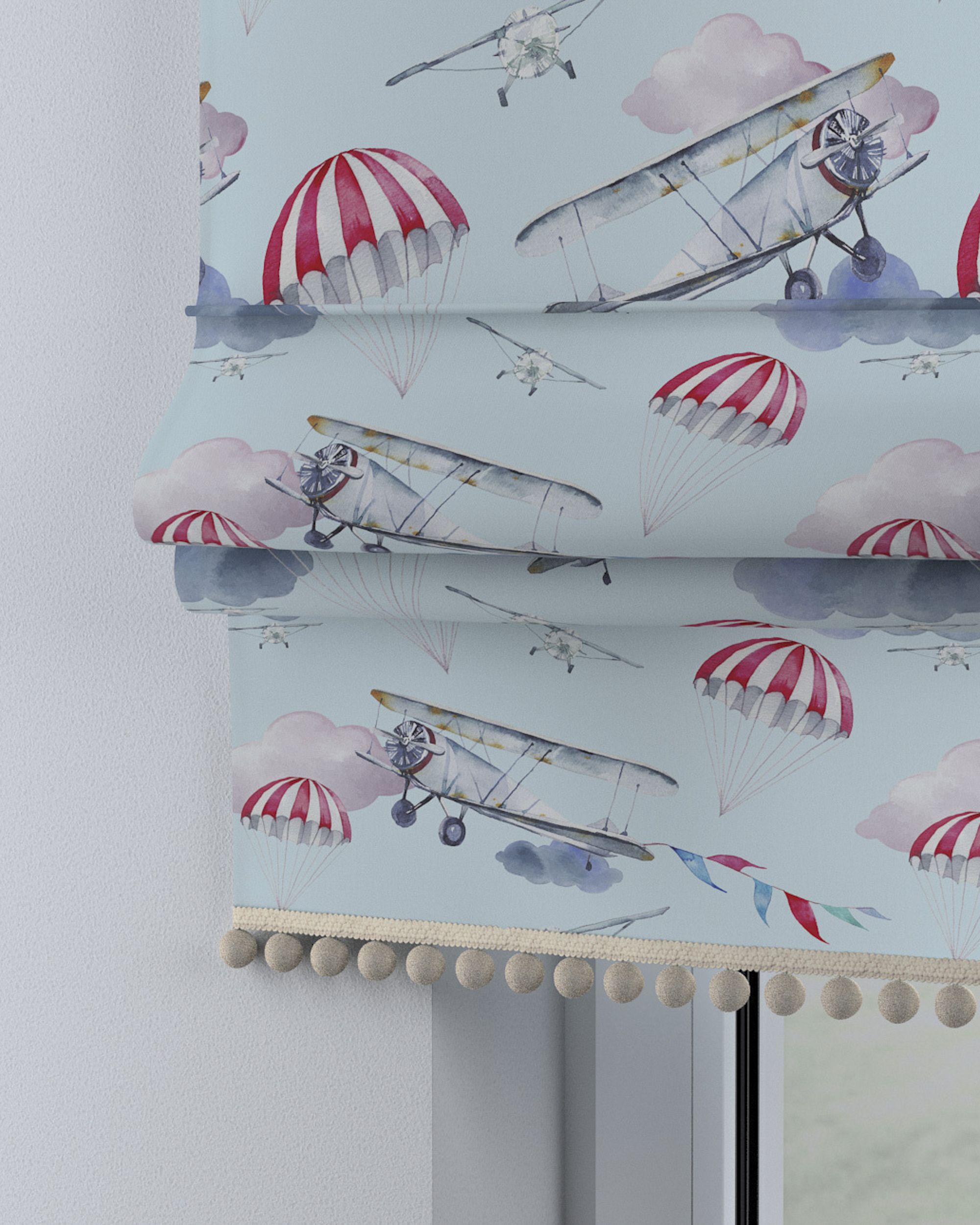 Store bateau à pompons couleur bleu tissu à motifs