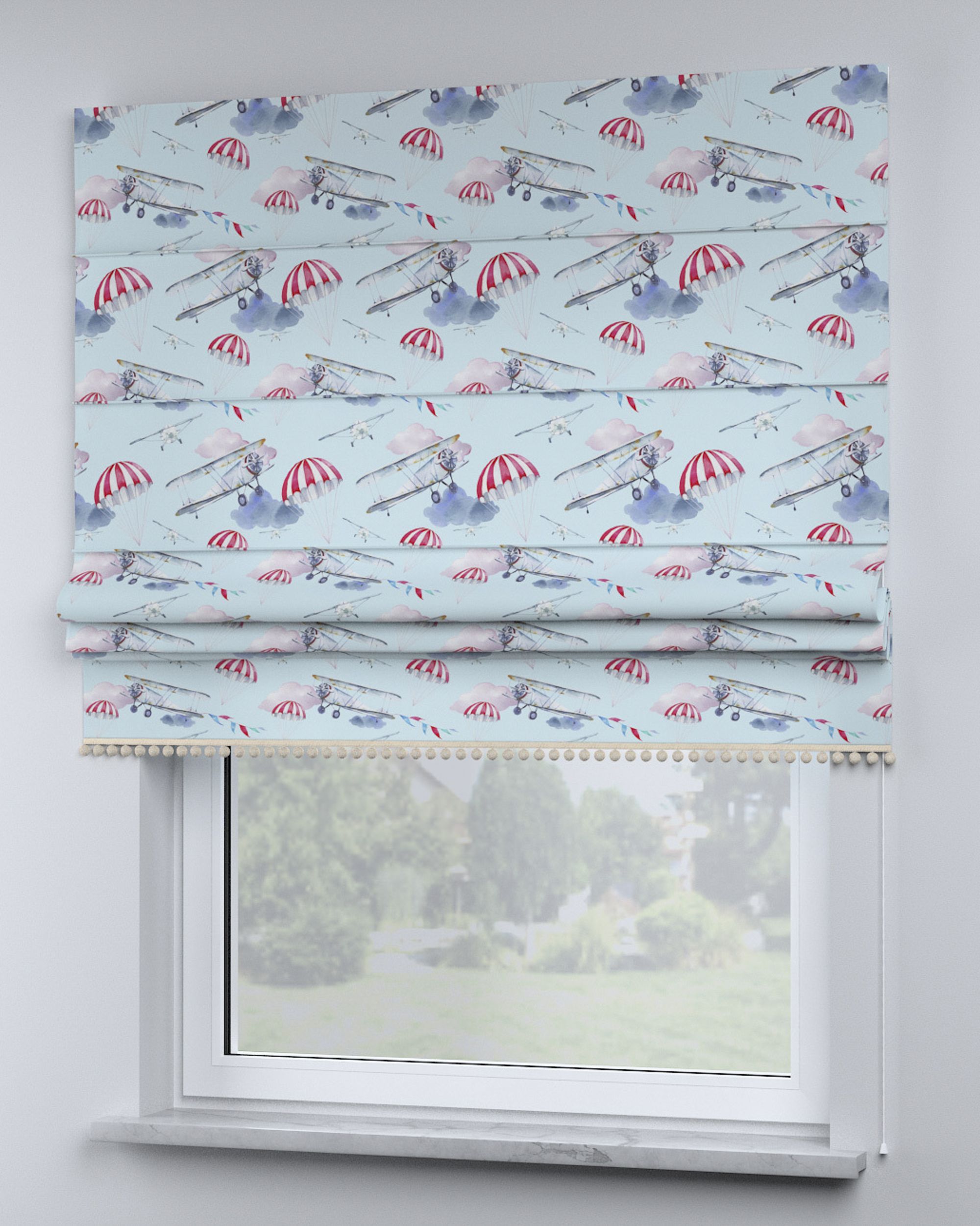 Store bateau à pompons couleur bleu tissu à motifs (hover)