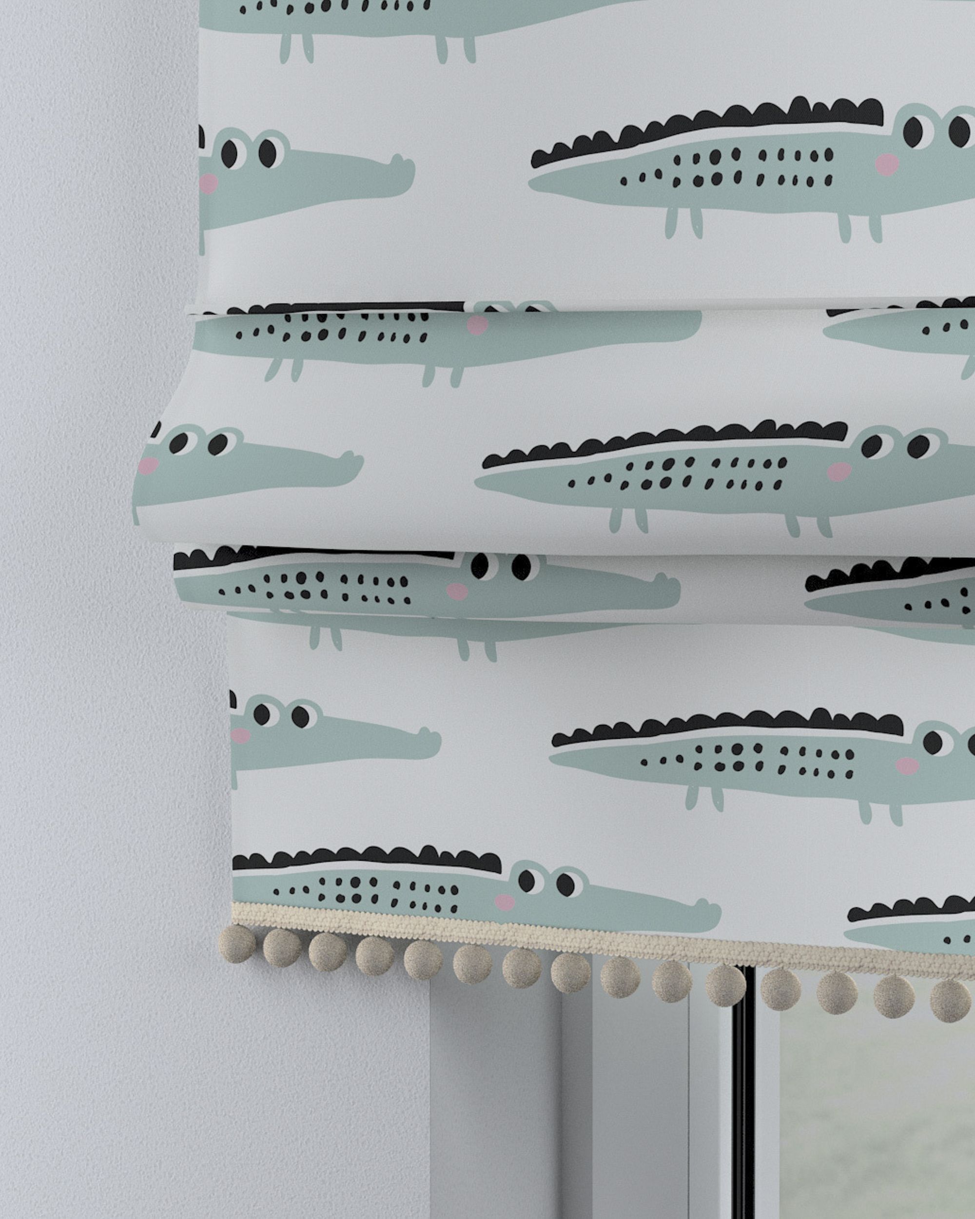 Store bateau à pompons couleur vert tissu à motifs