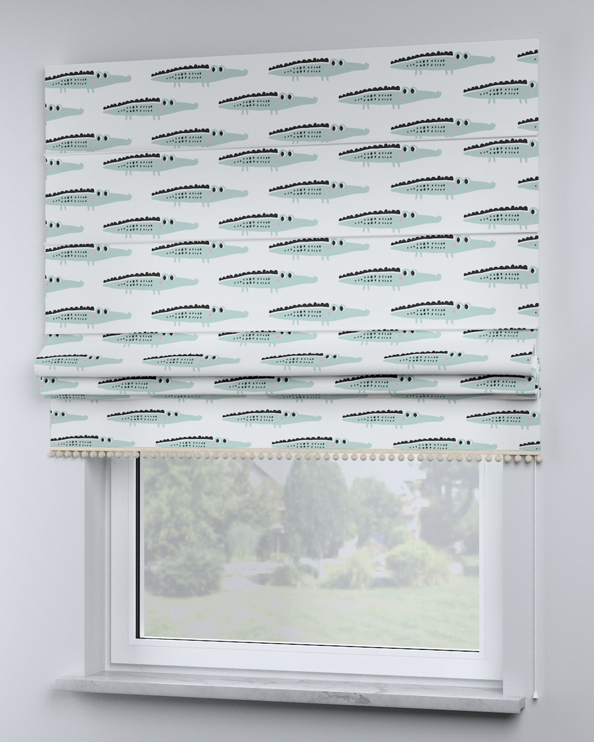 Store bateau à pompons couleur vert tissu à motifs (hover)
