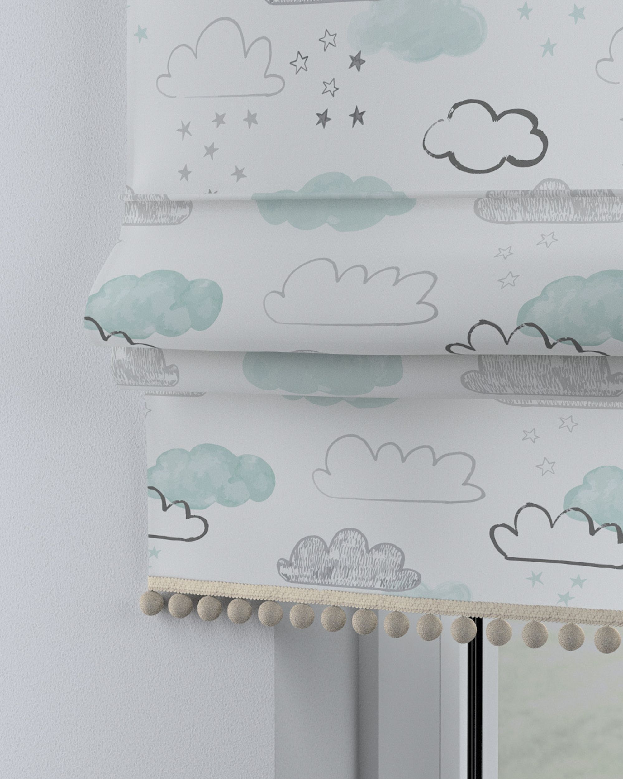 Store bateau à pompons couleur blanc tissu à motifs