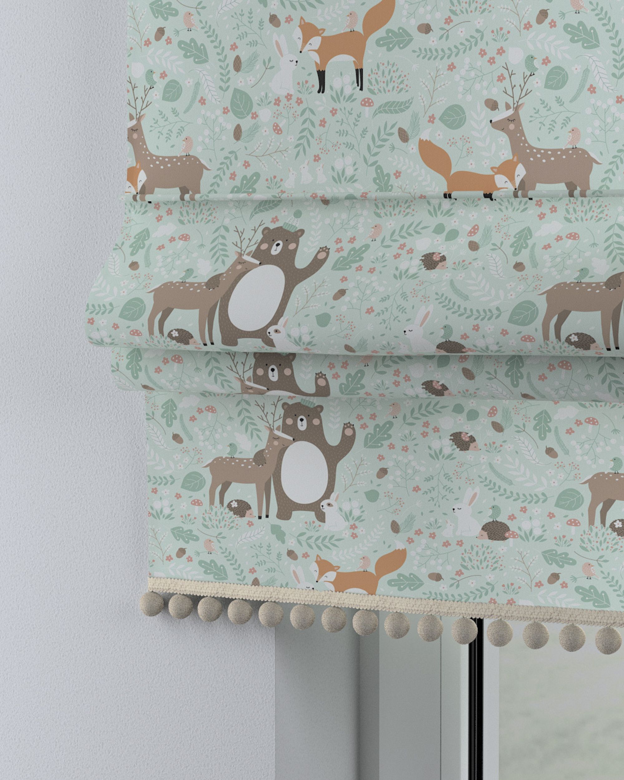 Store bateau à pompons couleur vert tissu à motifs