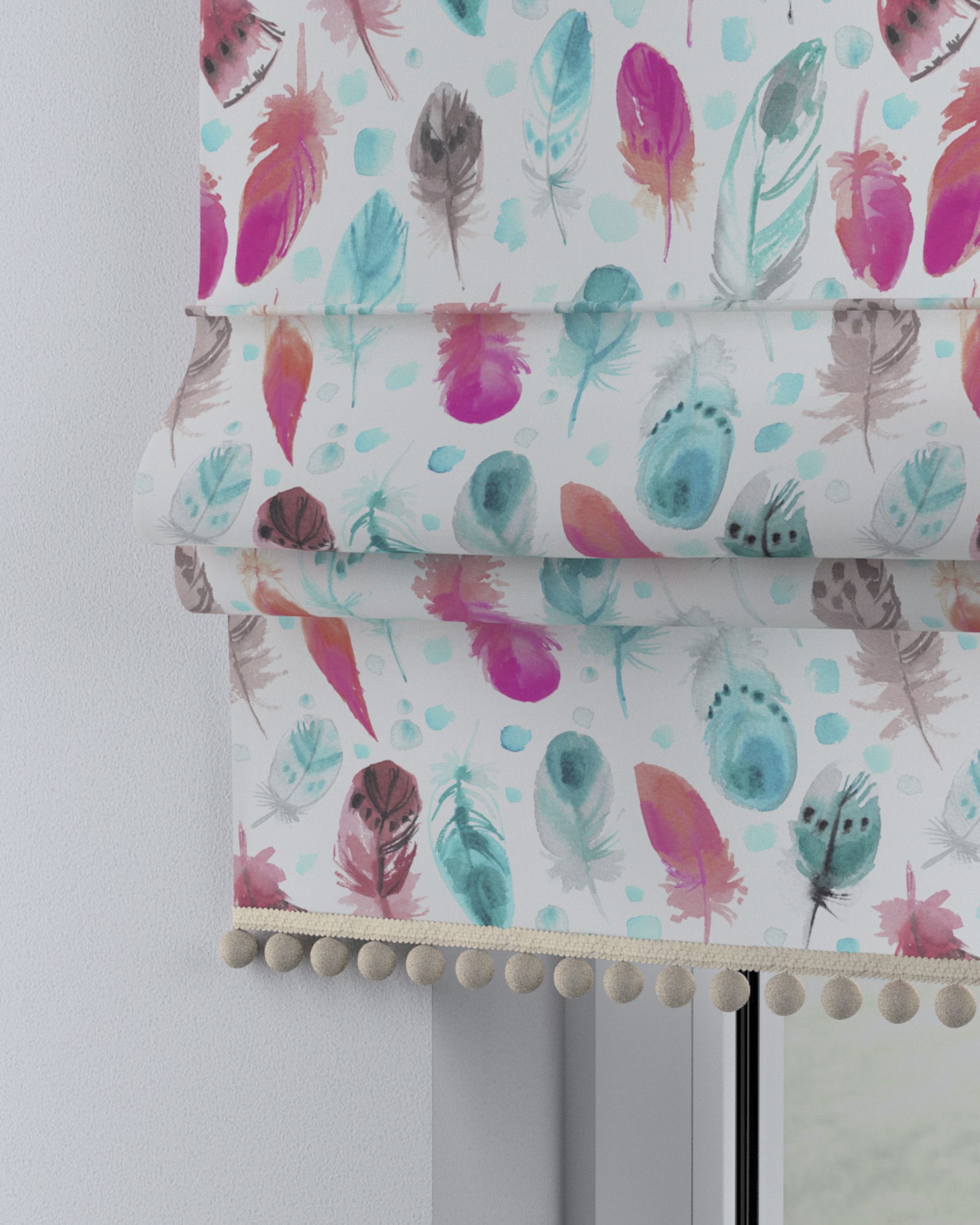 Store bateau à pompons couleur bleu tissu à motifs