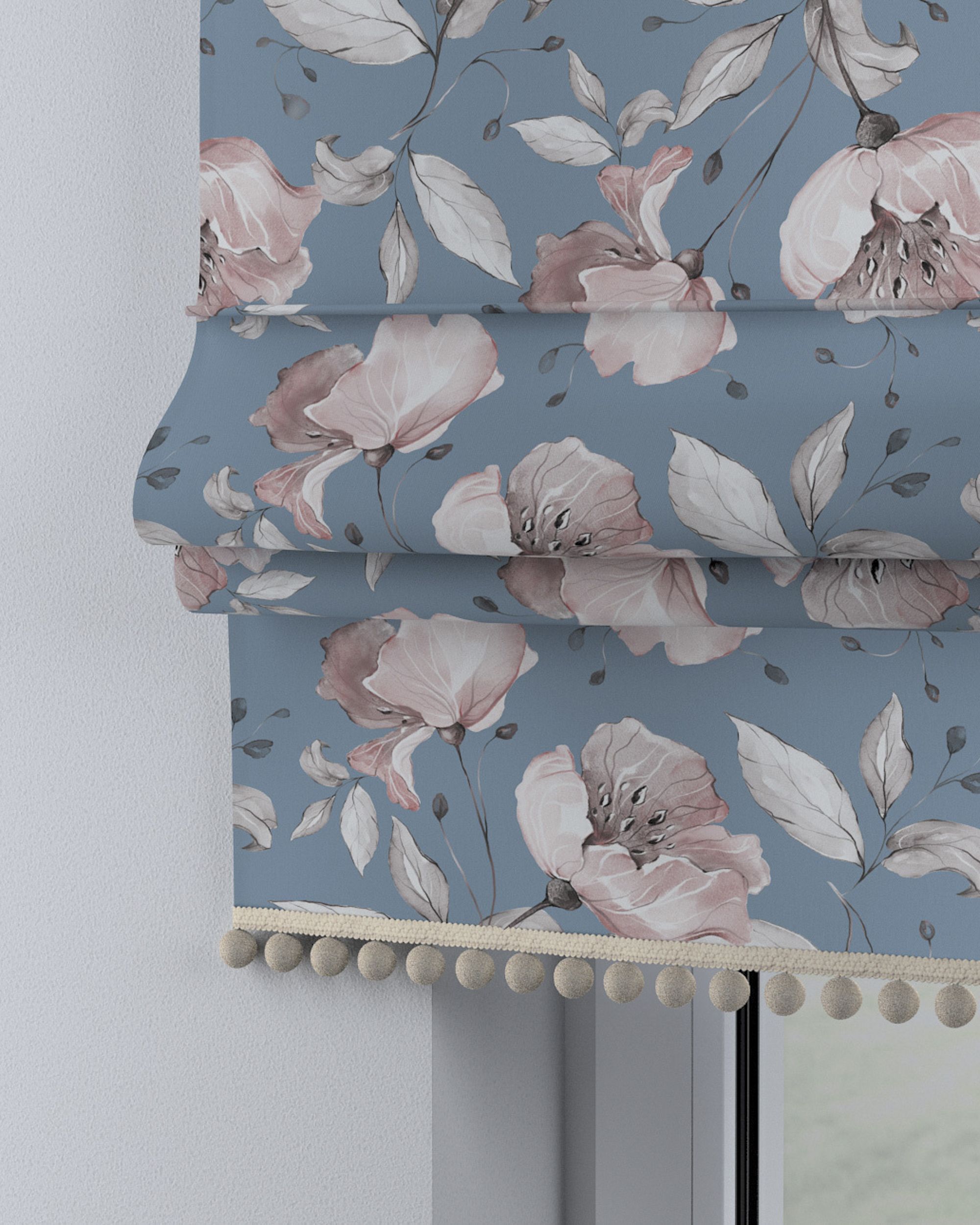 Store bateau à pompons couleur bleu tissu à motifs