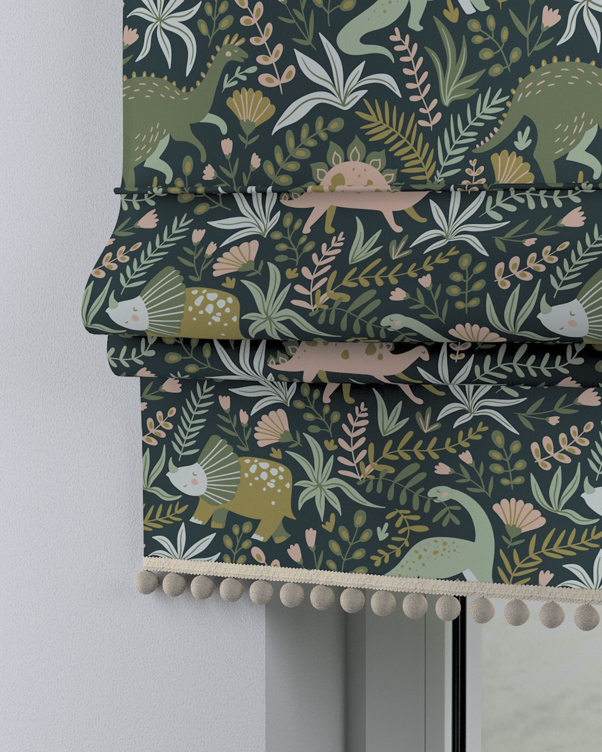 Store bateau à pompons couleur vert tissu à motifs