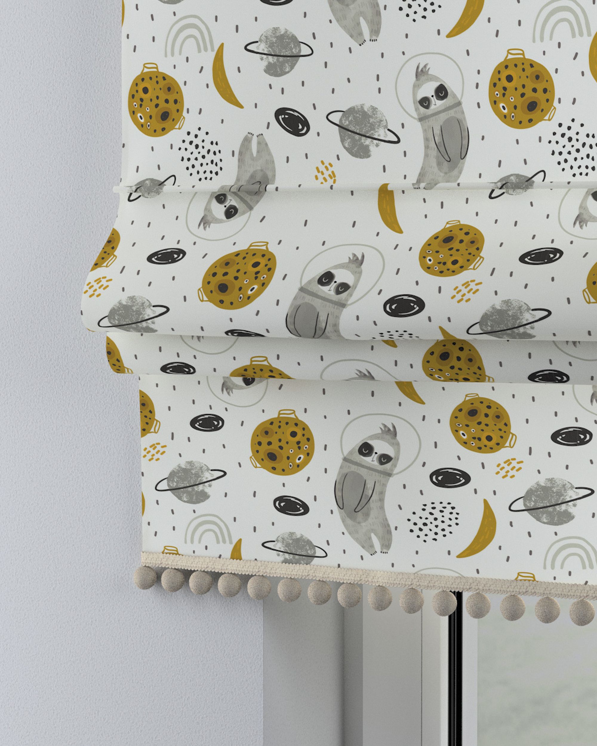 Store bateau à pompons couleur blanc tissu à motifs