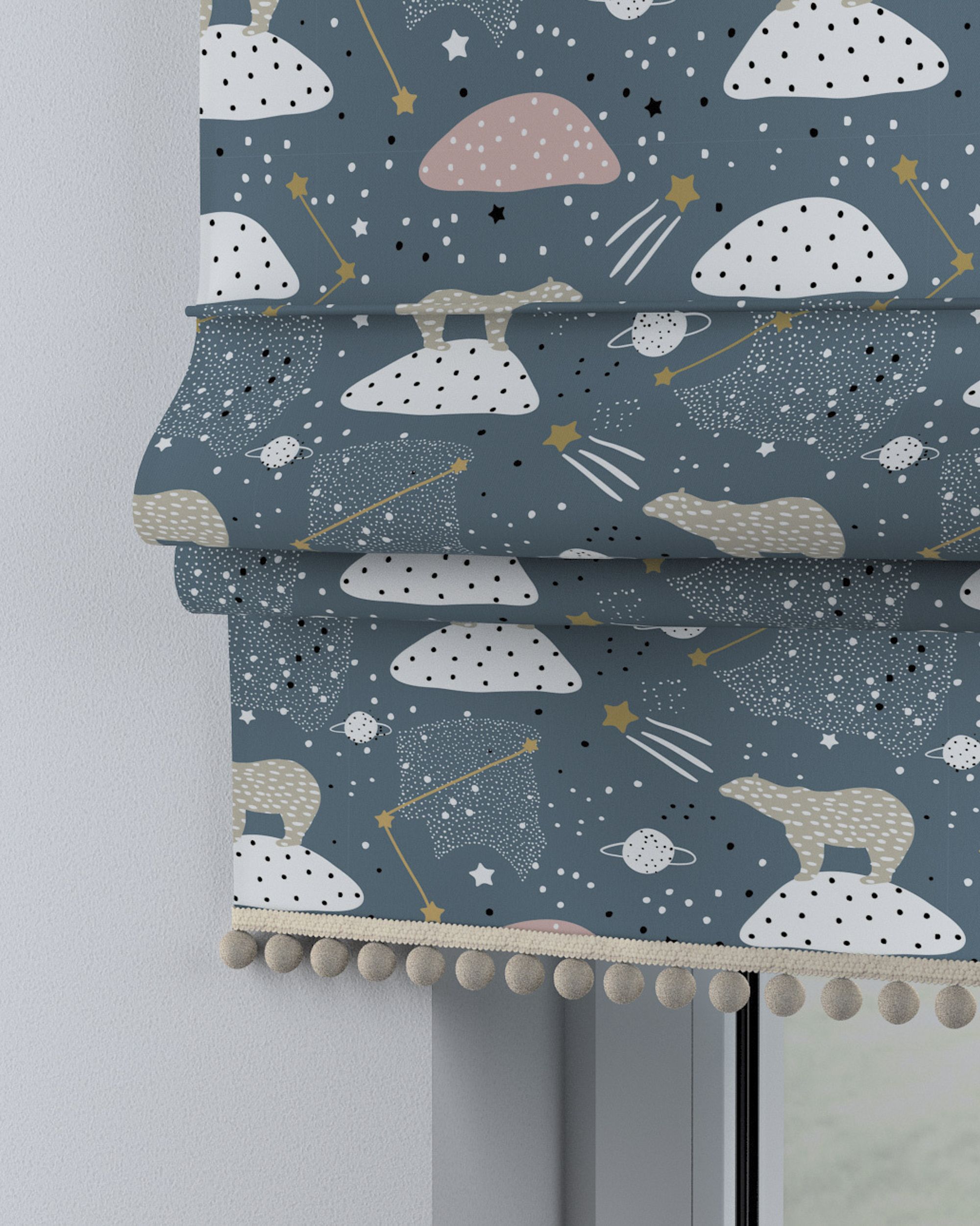 Store bateau à pompons couleur bleu tissu à motifs
