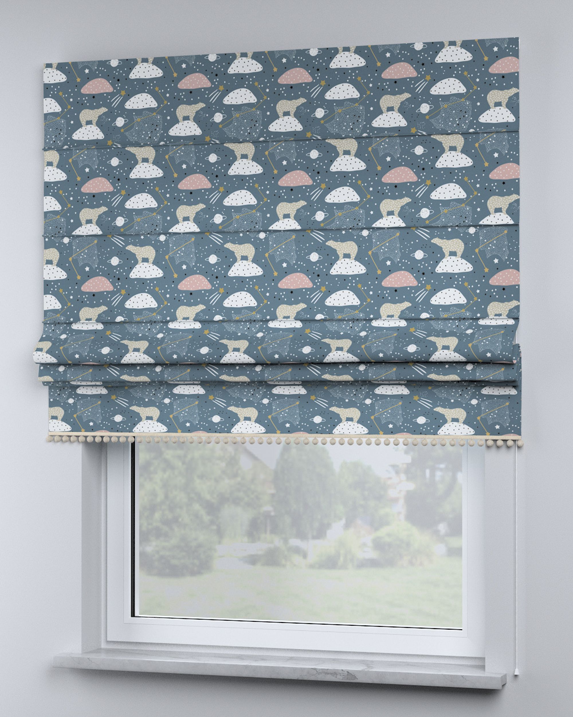 Store bateau à pompons couleur bleu tissu à motifs (hover)