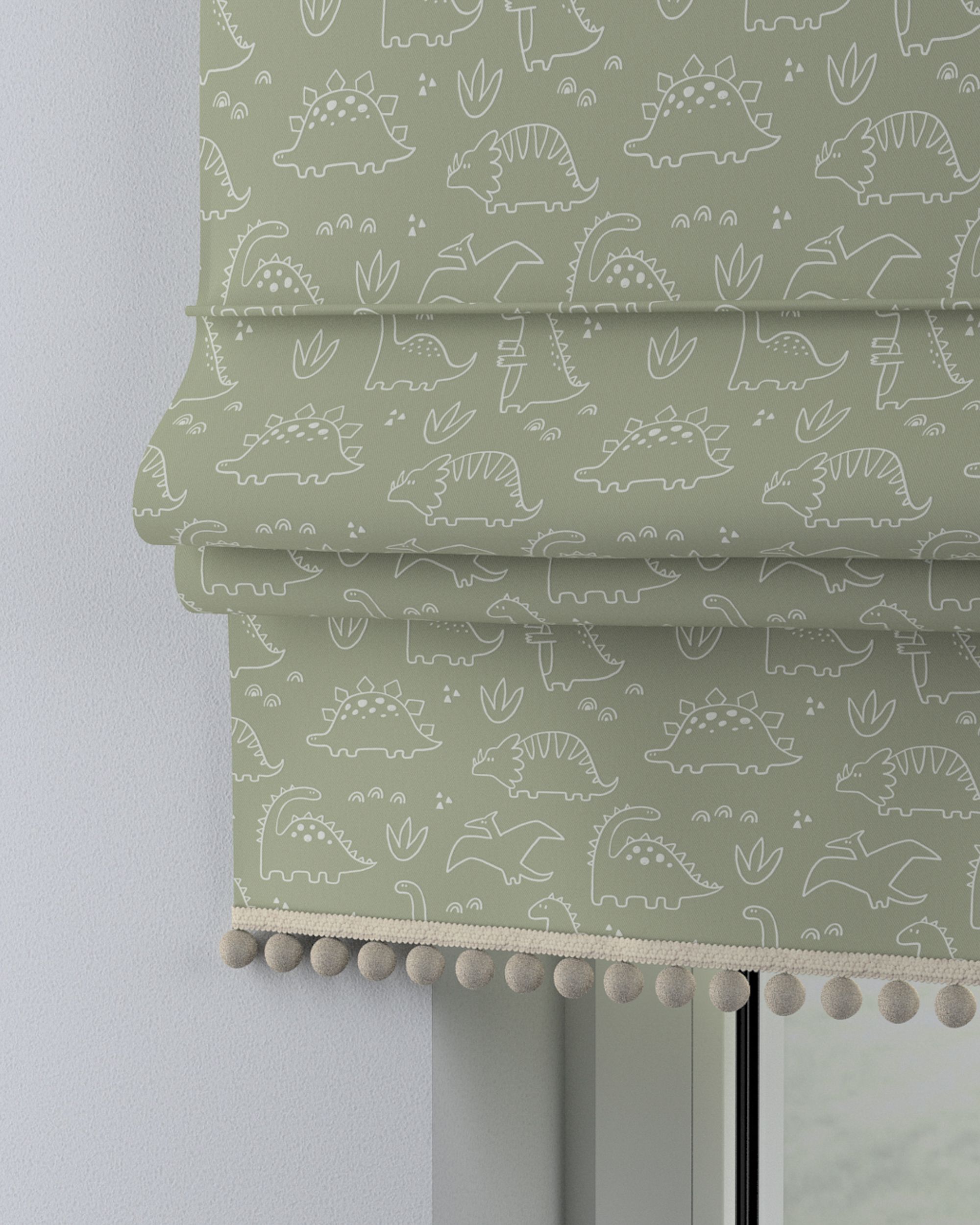 Store bateau à pompons couleur vert tissu à motifs