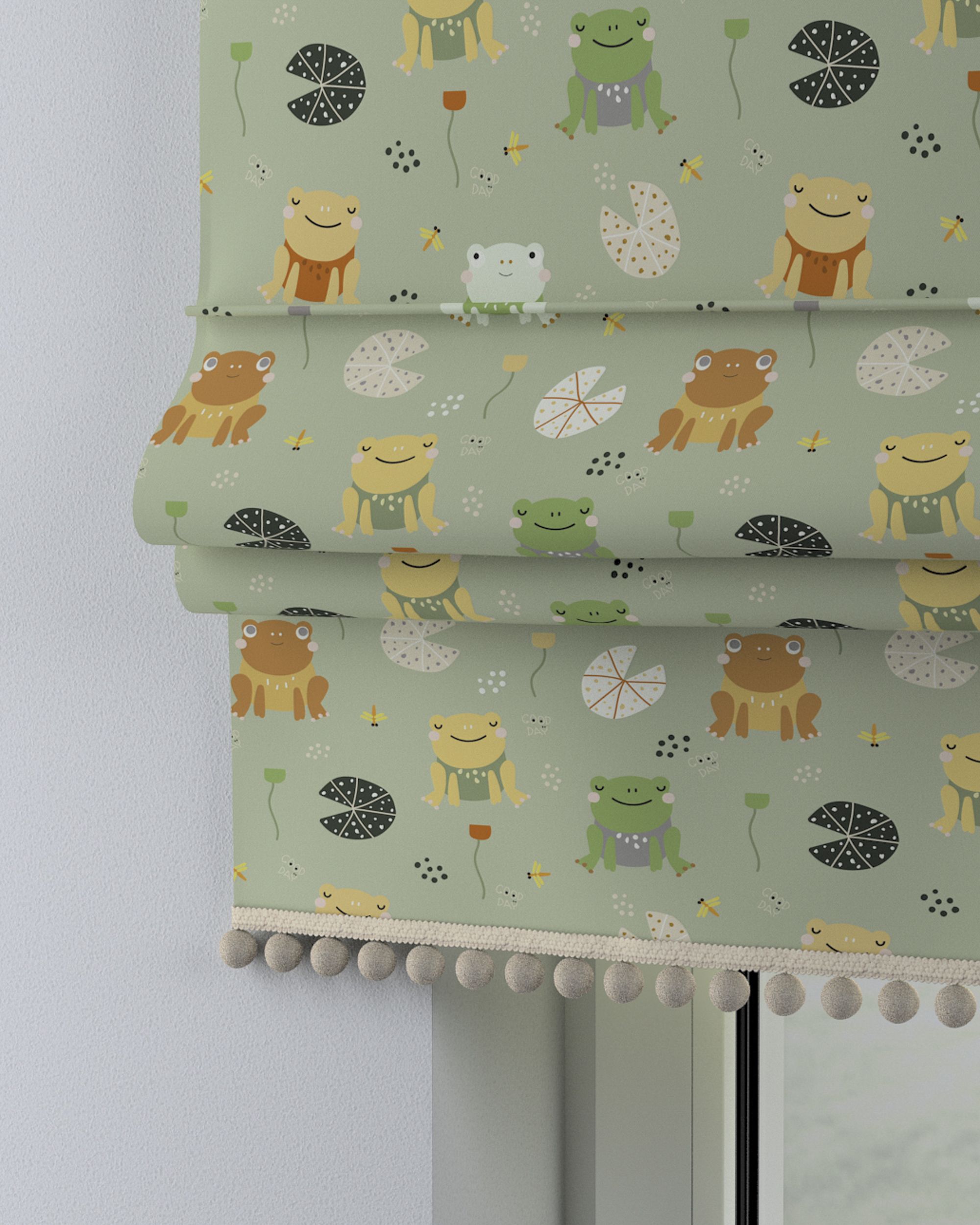 Store bateau à pompons couleur vert tissu à motifs