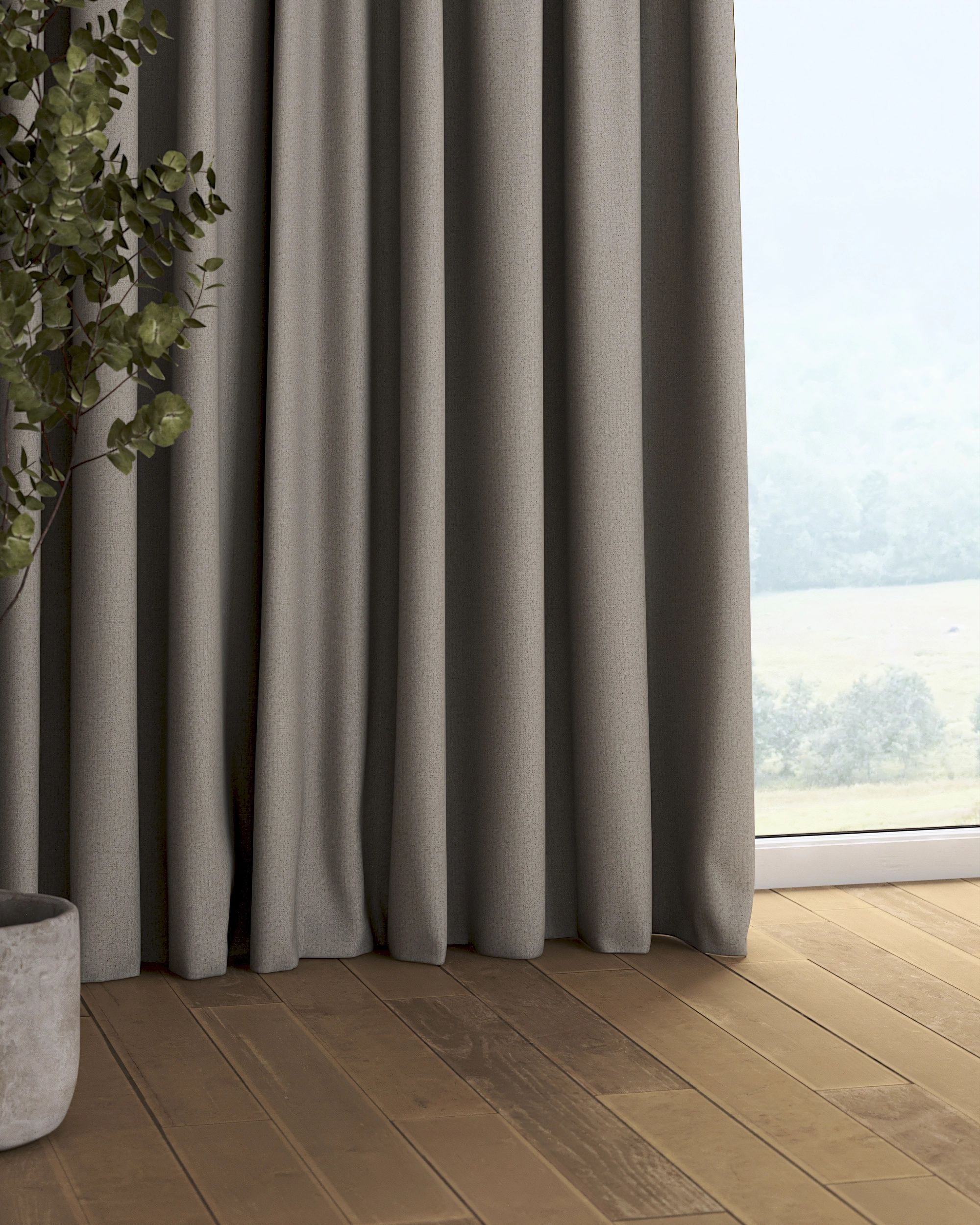 Rideau sur un ruban fronceur 1 pièce couleur gris tissu tresse, black-out (hover)