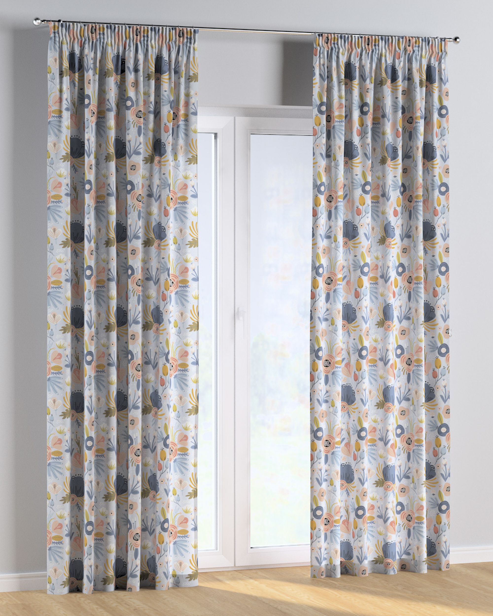 Rideau sur un ruban fronceur 1 pièce couleur bleu tissu à motifs